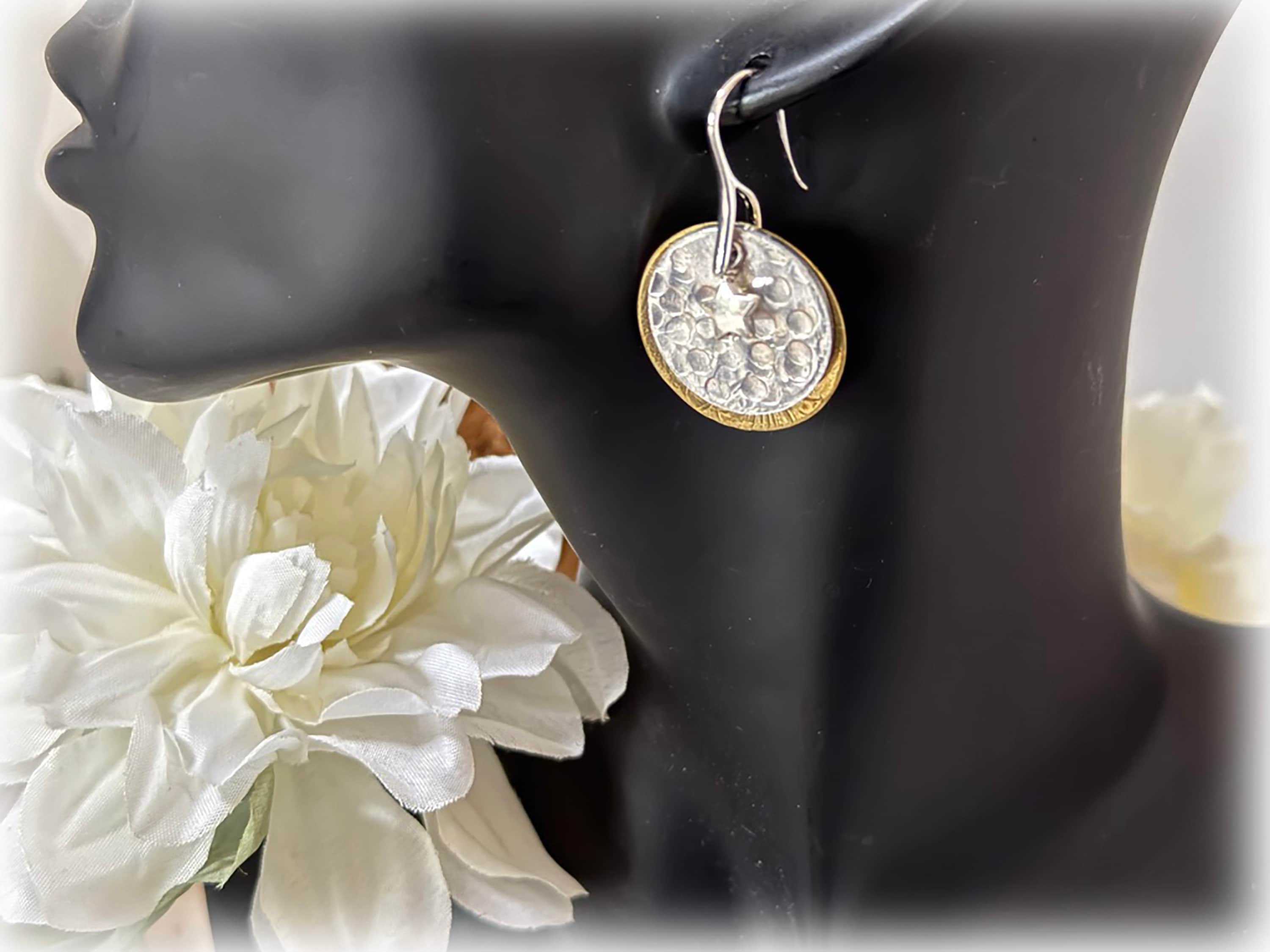Upcycled Celestial Disc Earrings: Vintage Tray Aluminum, Brass Sun & Silver Star