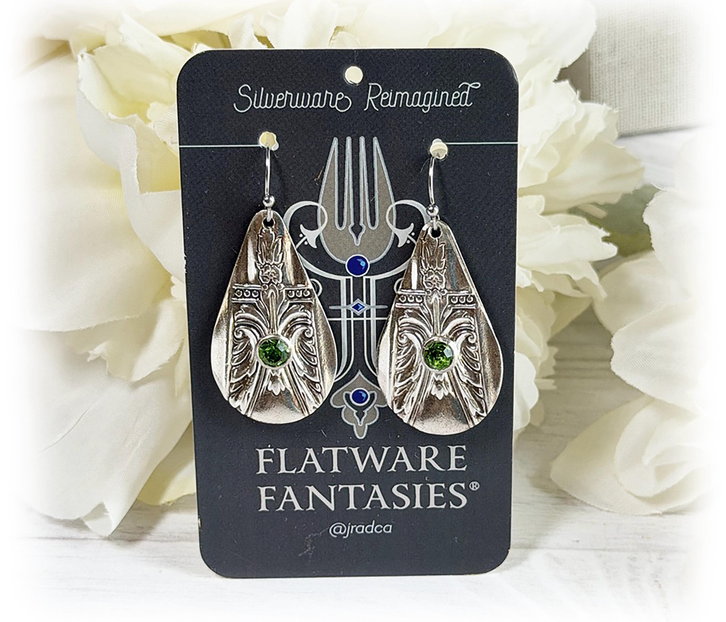 Birthstone Crystal Flatware Earrings: Art Deco Silverplate Knife Handle, 1940 Cabin Avalon
