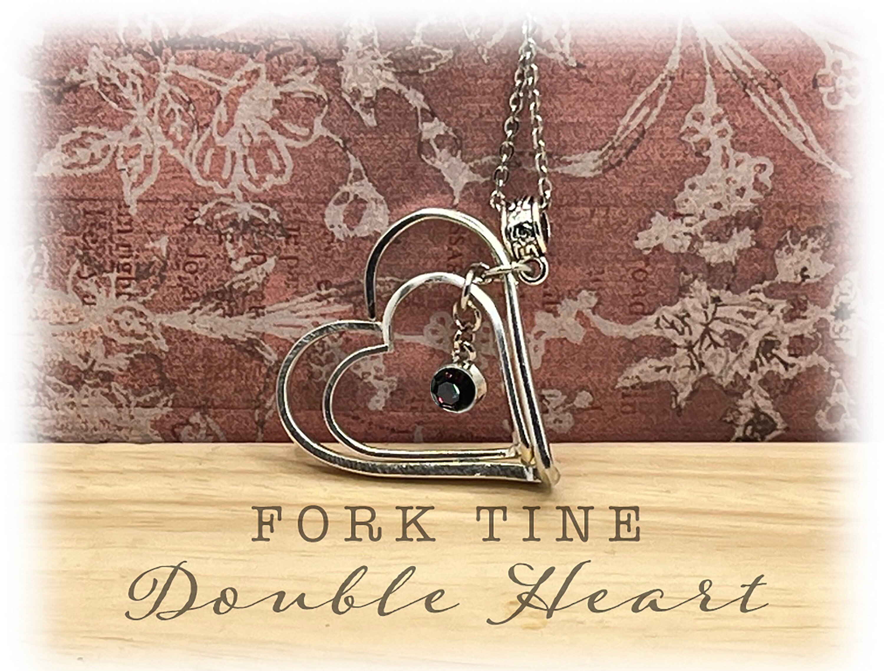 Twisted Fork Tine Heart Pendant: Silver Plated Open Heart with Amethyst