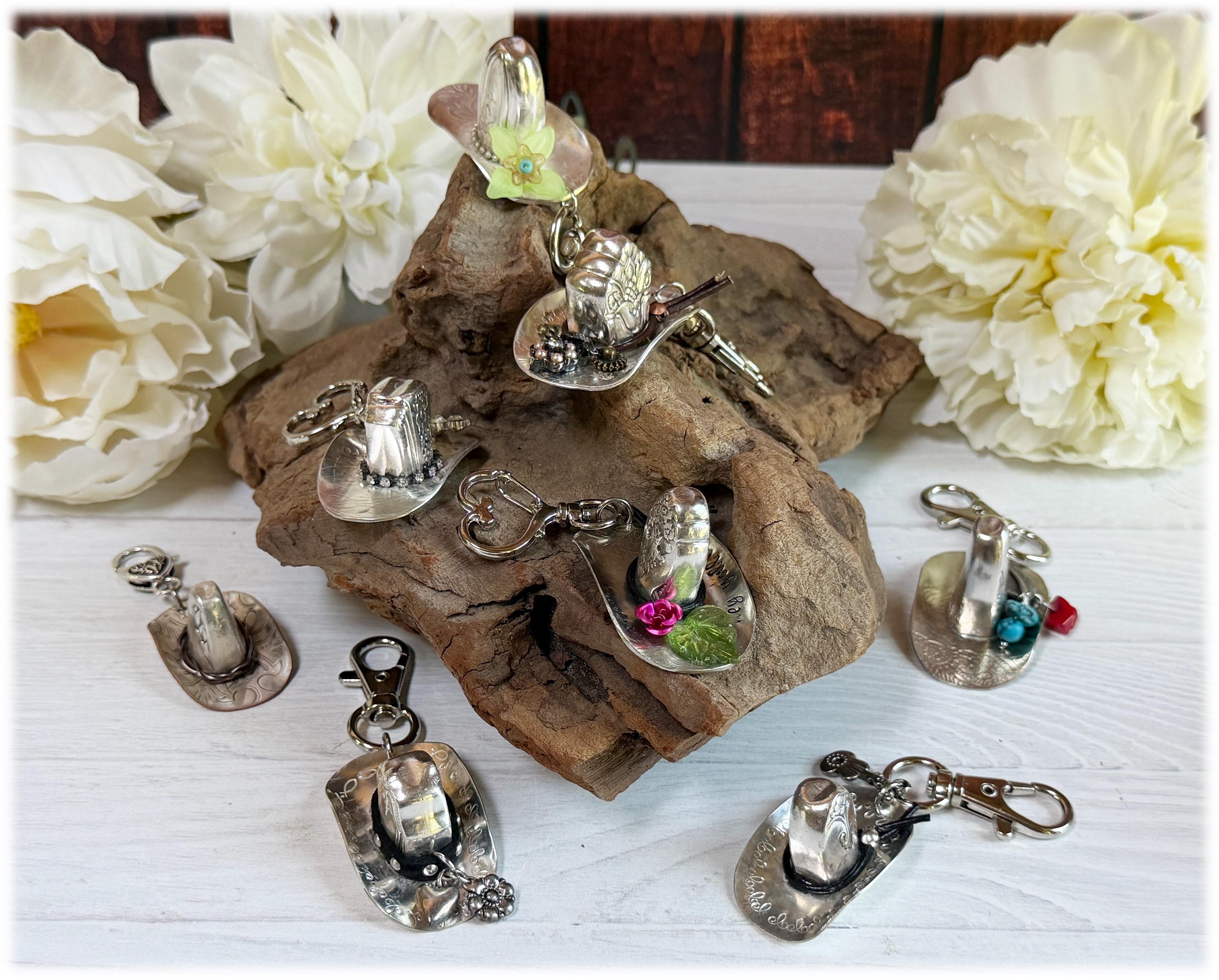 Silver Spoon and Knife Cowboy Cowgirl Hats Charms Keyrings: Choose from 7 Designs