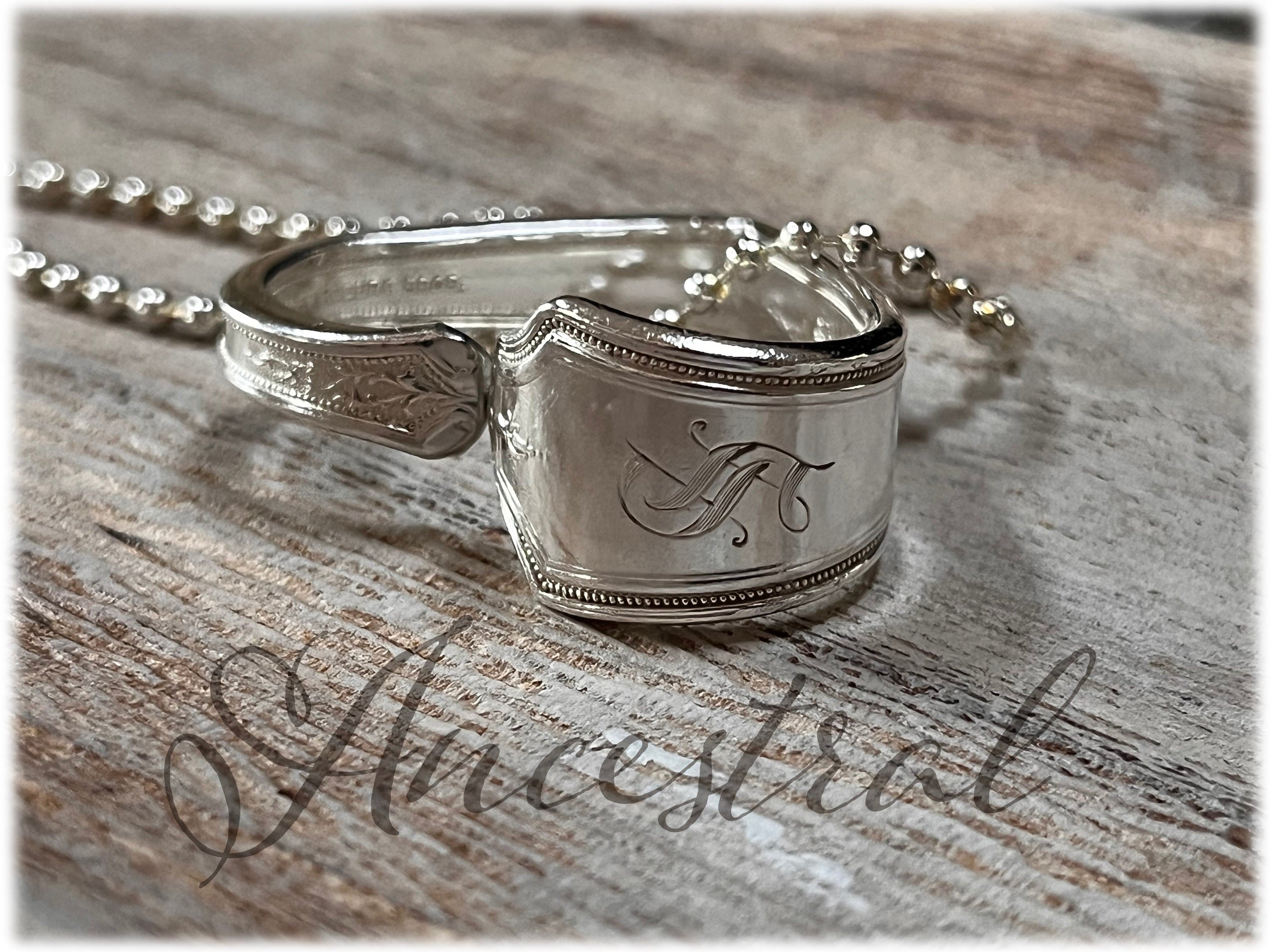 1924 Silver Spoon Heart Pendant, Monogram S, Repurposed Teaspoon