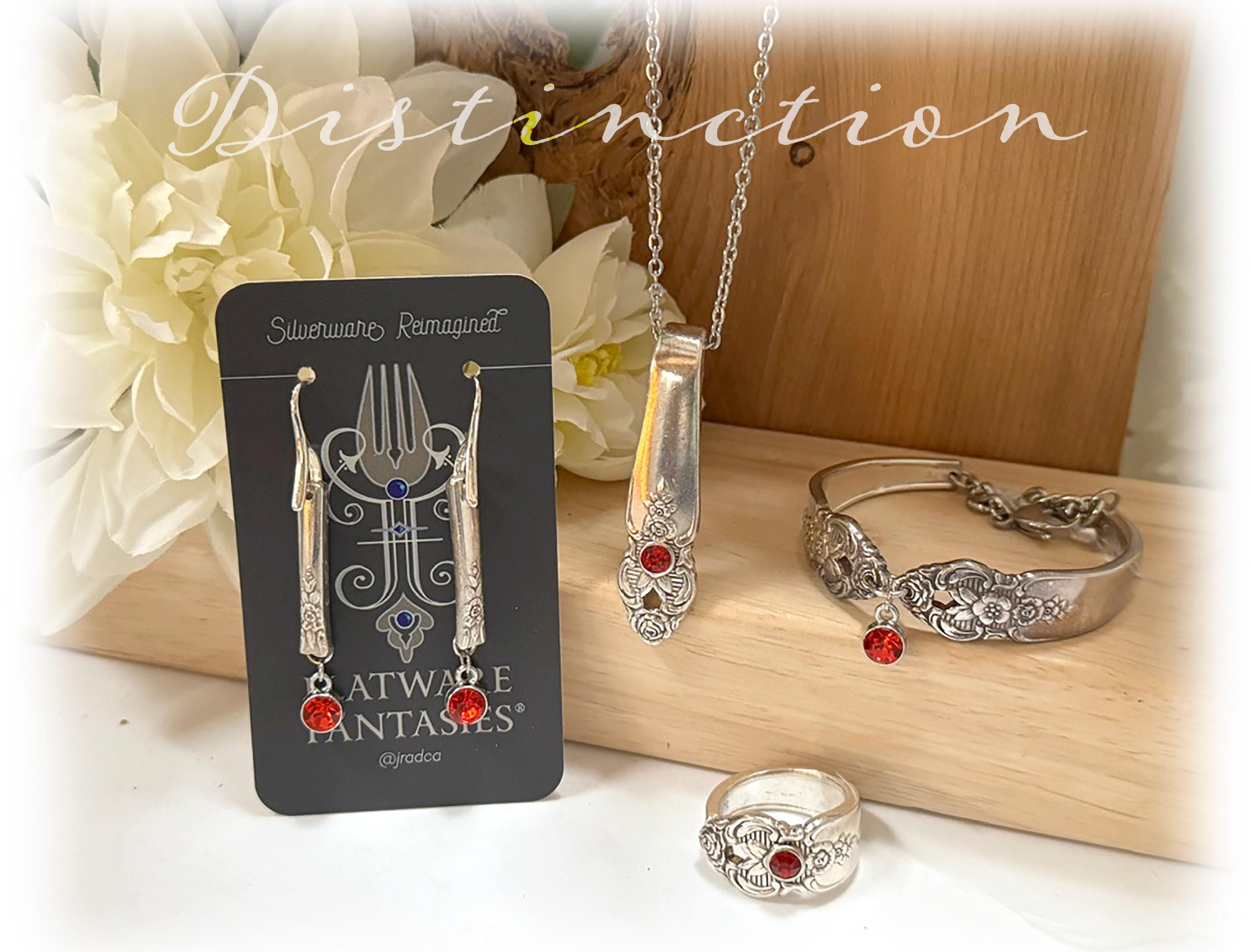 Ruby Crystal Spoon Jewelry, 1951 Distinction Floral Silverplate