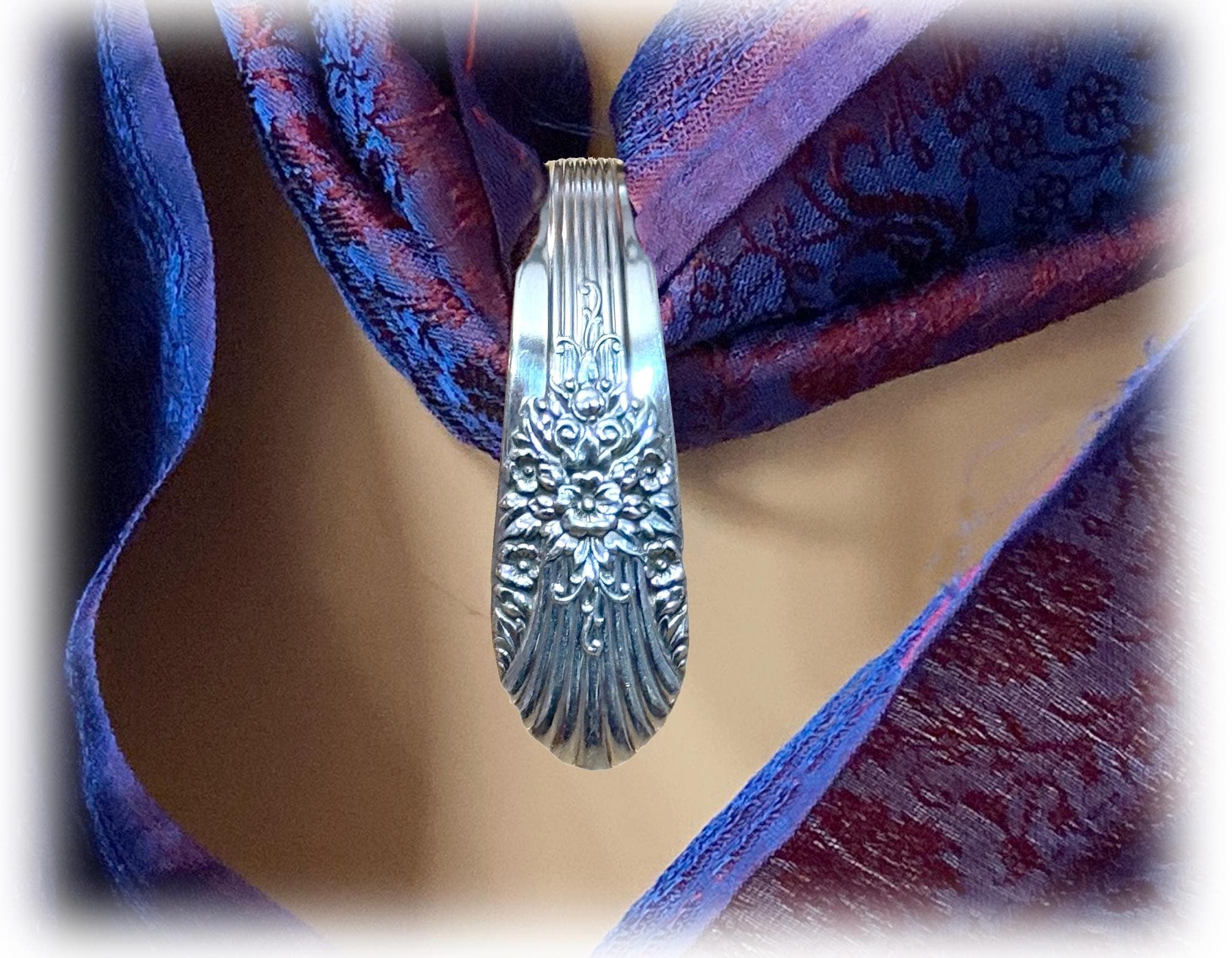 Art Deco Scarf Ring, Silver Mist / Marigold Upcycled Silverplate Spoon Jewelry
