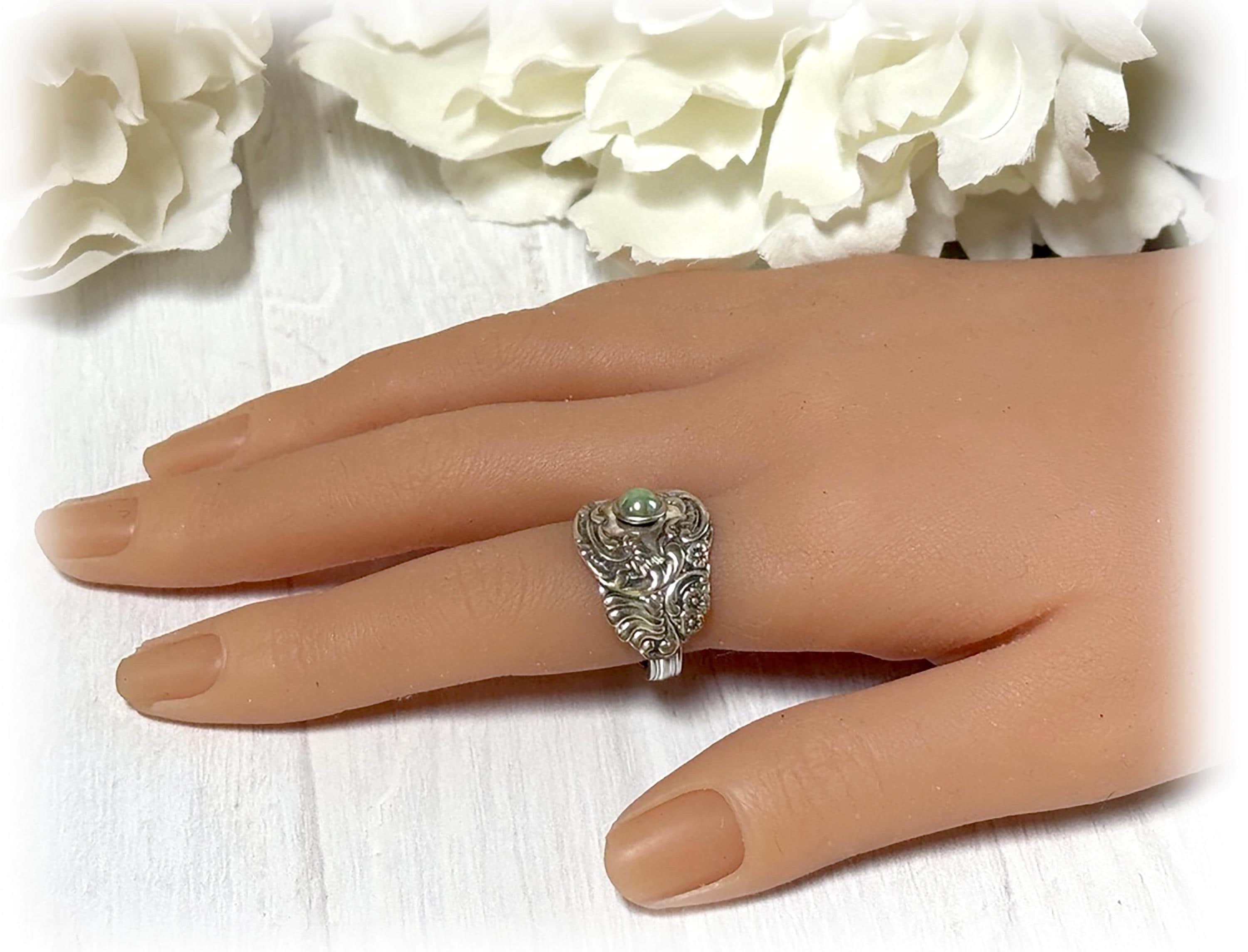 Art Nouveau Silver Spoon Ring: Light Green Rivet, 1895 Benedict One