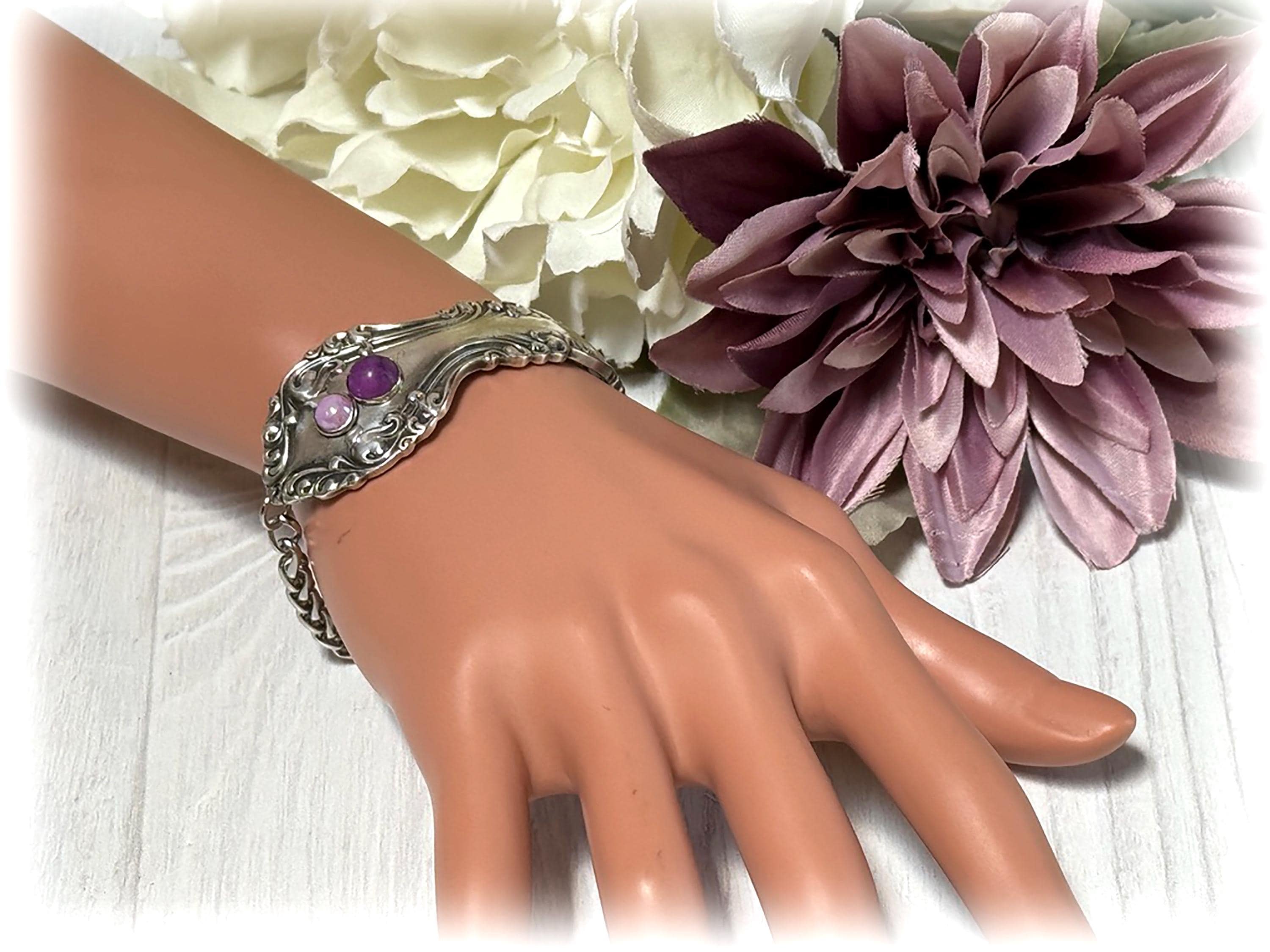 Art Nouveau Upcycled Spoon Bracelet: Antique Silver Half Cuff, Foxtail Chain