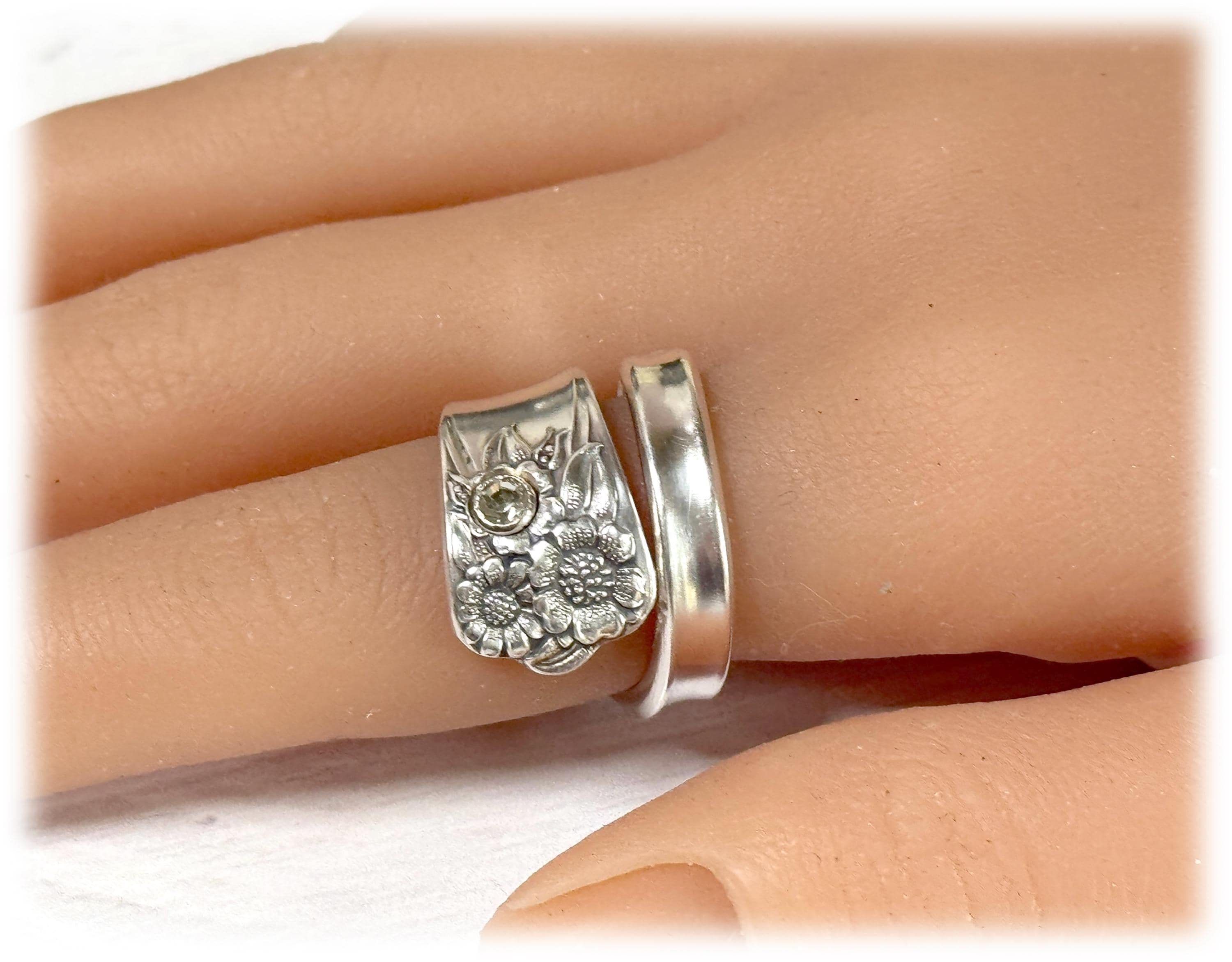 Upcycled Silver Spoon Ring: Floral 1950s April Birthstone