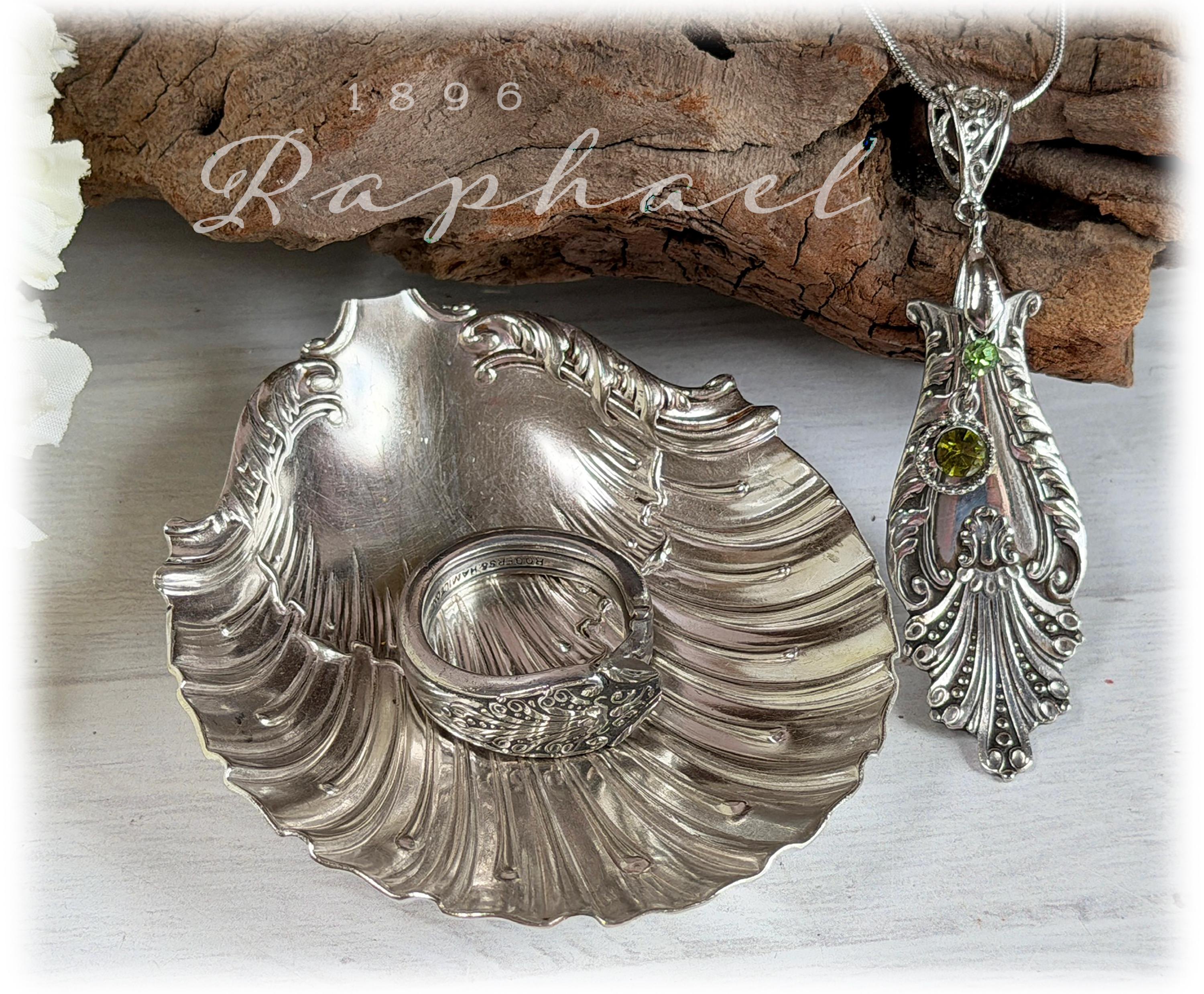 Antique Raphael Silverplate Jewelry, Unisex Ring, Pendant, Trinket Dish, 1896 Art Nouveau
