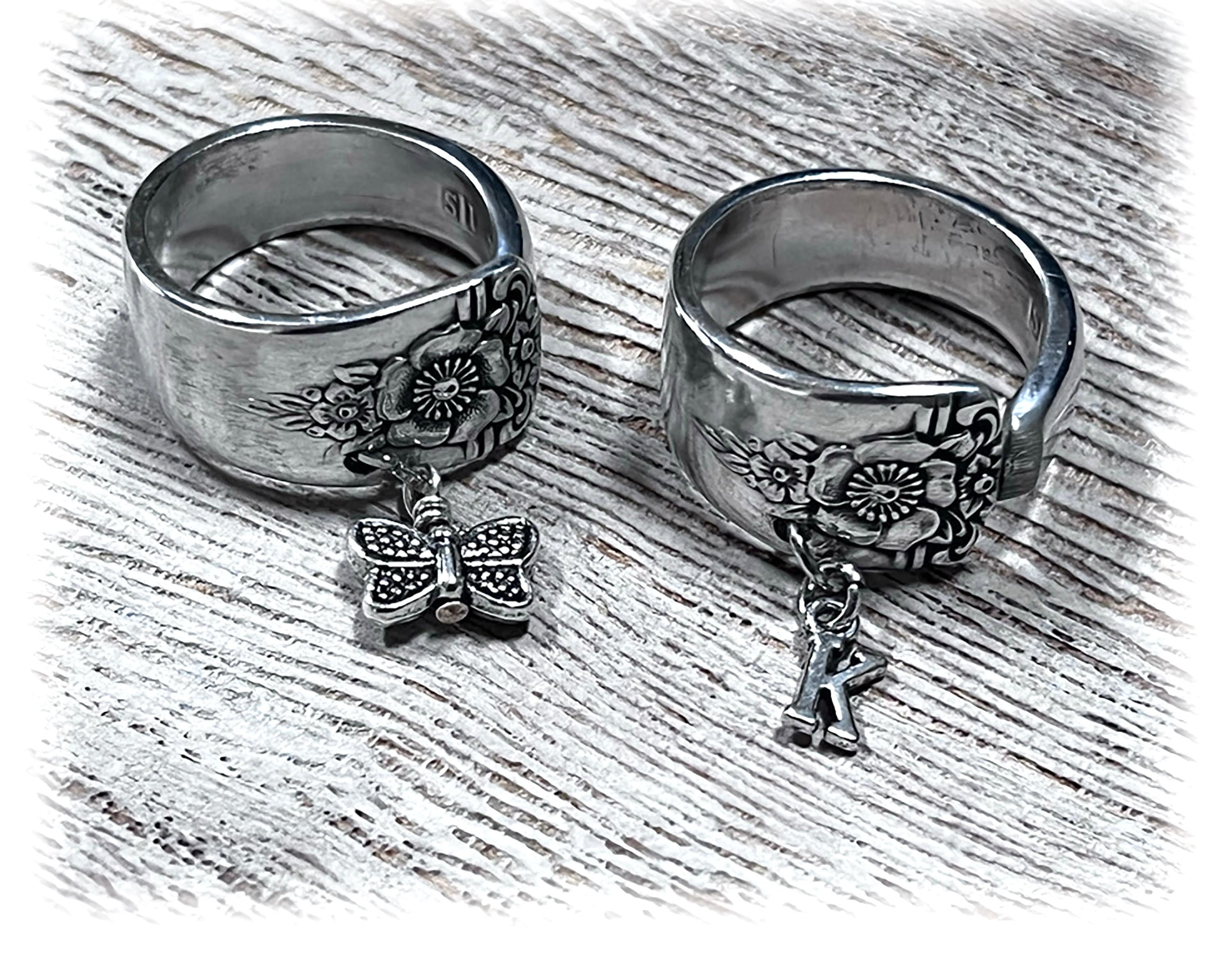 Floral Upcycled Spoon Ring, Butterfly or Initial Charm, Silverplate Jewelry