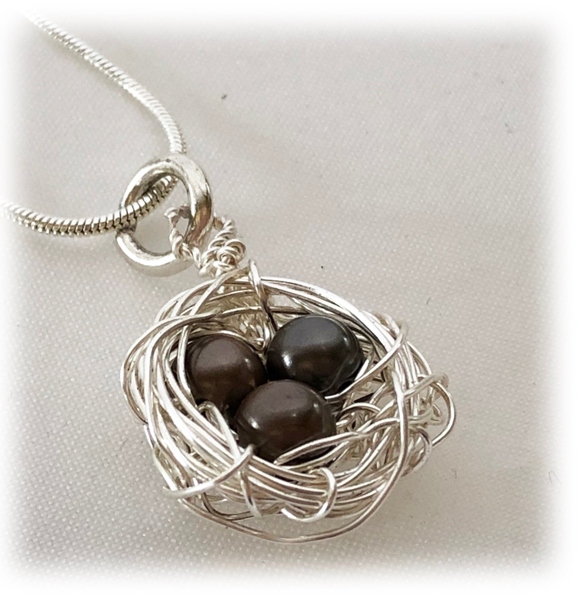 Silver Bird Nest Pendant, Brown Bead Eggs, Mom Gift