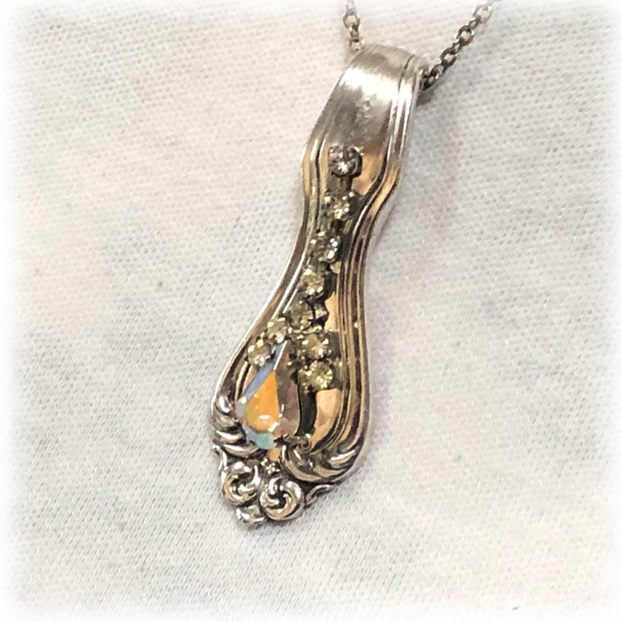 Sterling Spoon Pendant, 1940 George & Martha Washington, Westmorland Silver, Rhinestone AB Charm