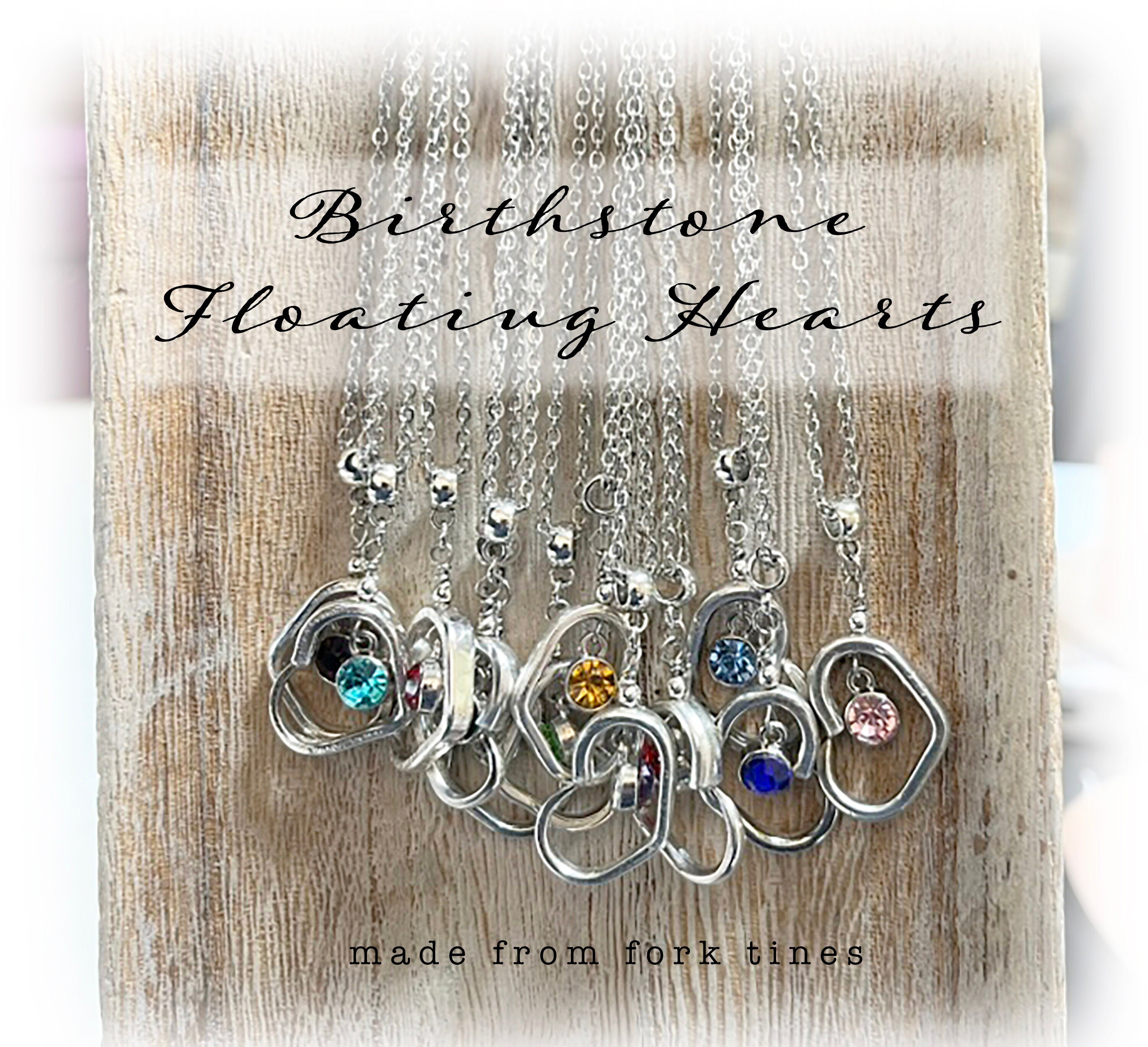 Fork Tine Petite Floating Heart Birthstone Pendant, Birthstone Charm, Upcycled Silverplate Flatware, 22" Chain