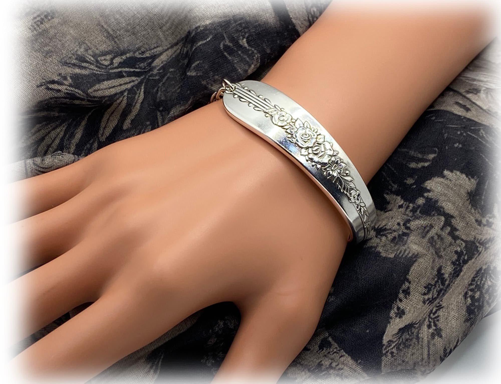 Vintage Royal Rose Spoon Bracelet, Asymmetrical Silverplate Flatware Bracelet, Floral, 1939