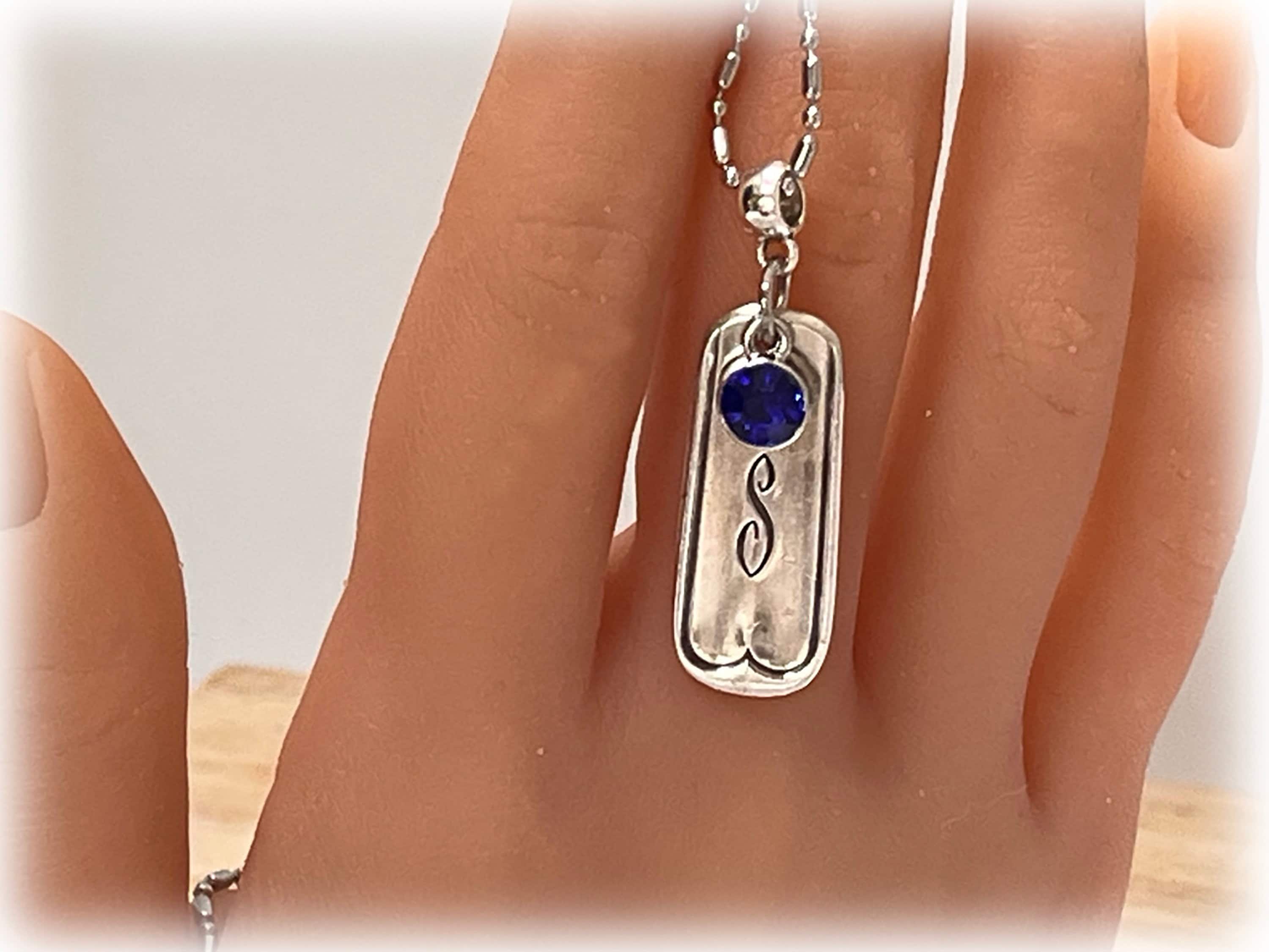 Initial S Birthstone Spoon Necklace, Sapphire or Choose Birthstone, Vintage Monogram Flatware