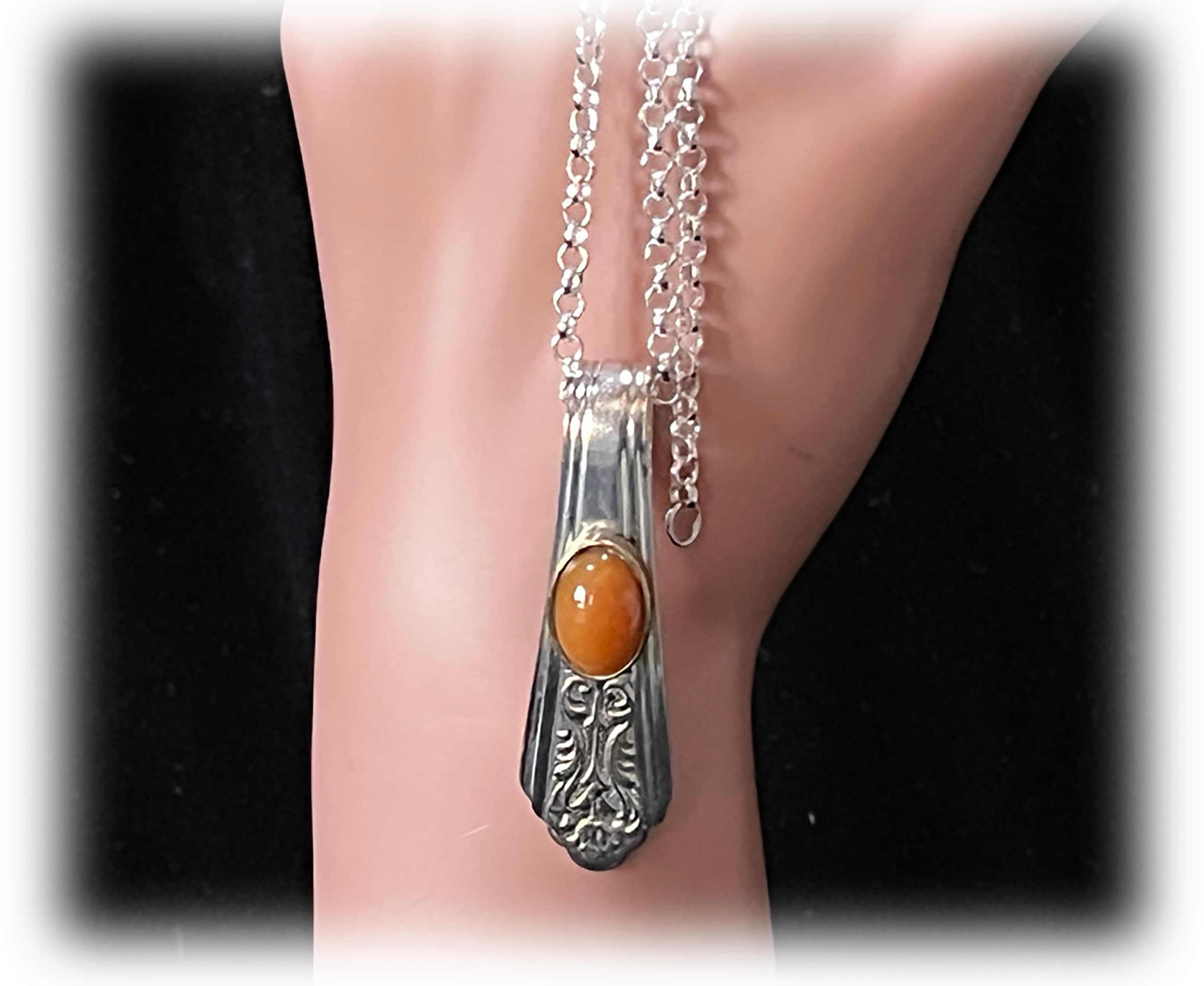 Royal Saxony, Art Deco Spoon Pendant, Amber Cabochon Vintage Silverplate Pendant, 1935 International Silver