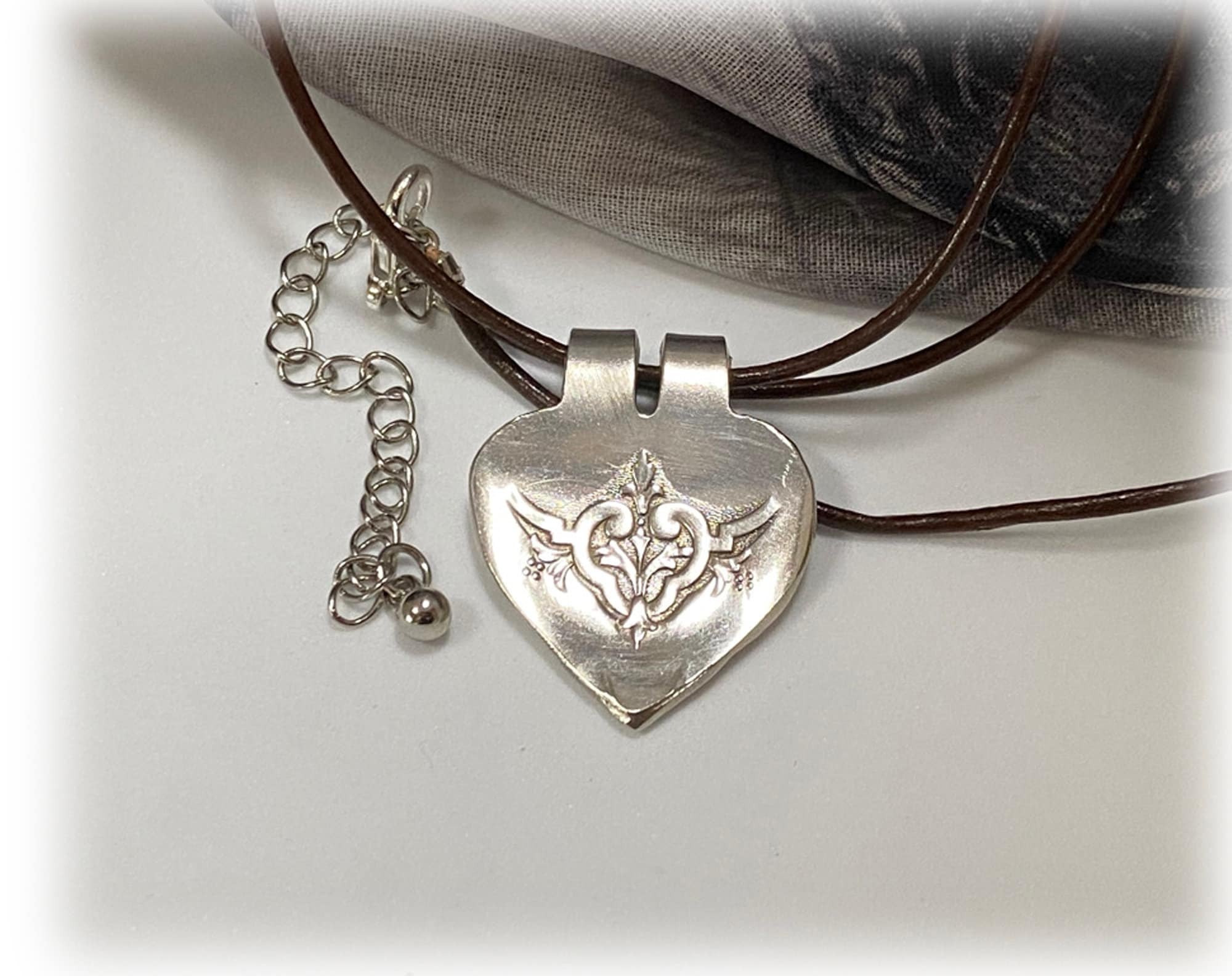Hand Cut Silver Heart Pendant: Upcycled Salad Fork, Art Deco Leather Cord