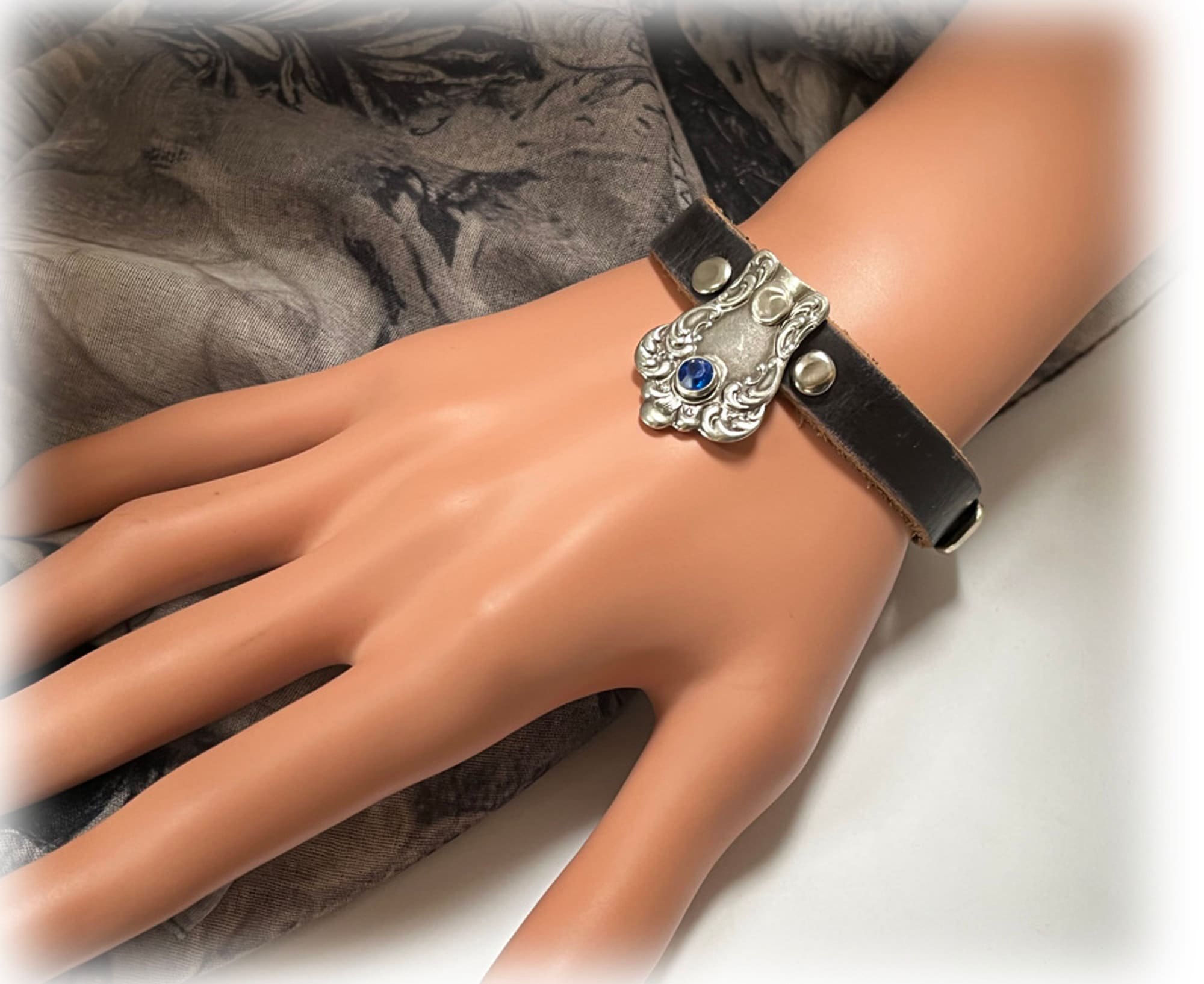 Black Leather and Silverplate Flatware Bracelet, Oxford, Melody, Sapphit Crystal, Steampunk, Size 7