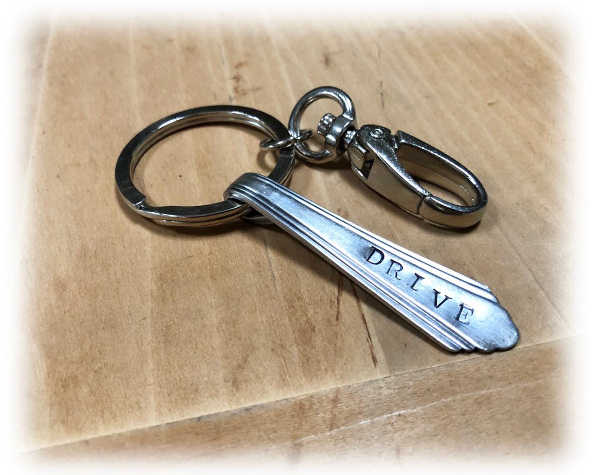 Silverplate Spoon Keyring, Stamped DRIVE, Heavy Duty Hook Keychain, Key Fob, Art Deco