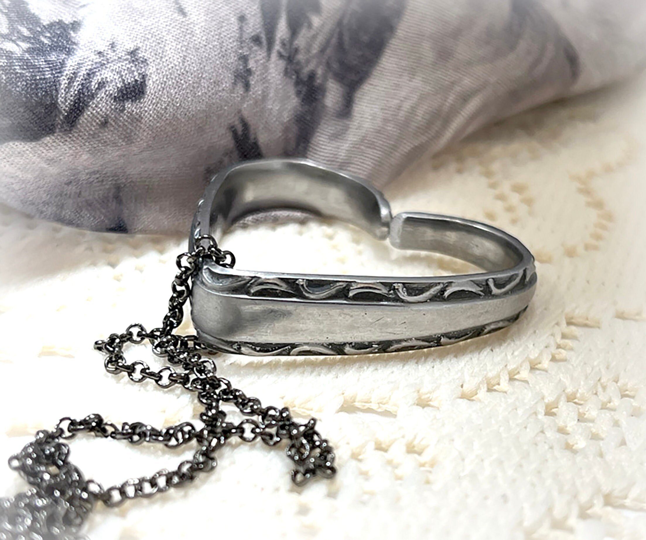 Vintage Spoon Heart Pendant: 1960s Stainless Steel, Gunmetal Chain