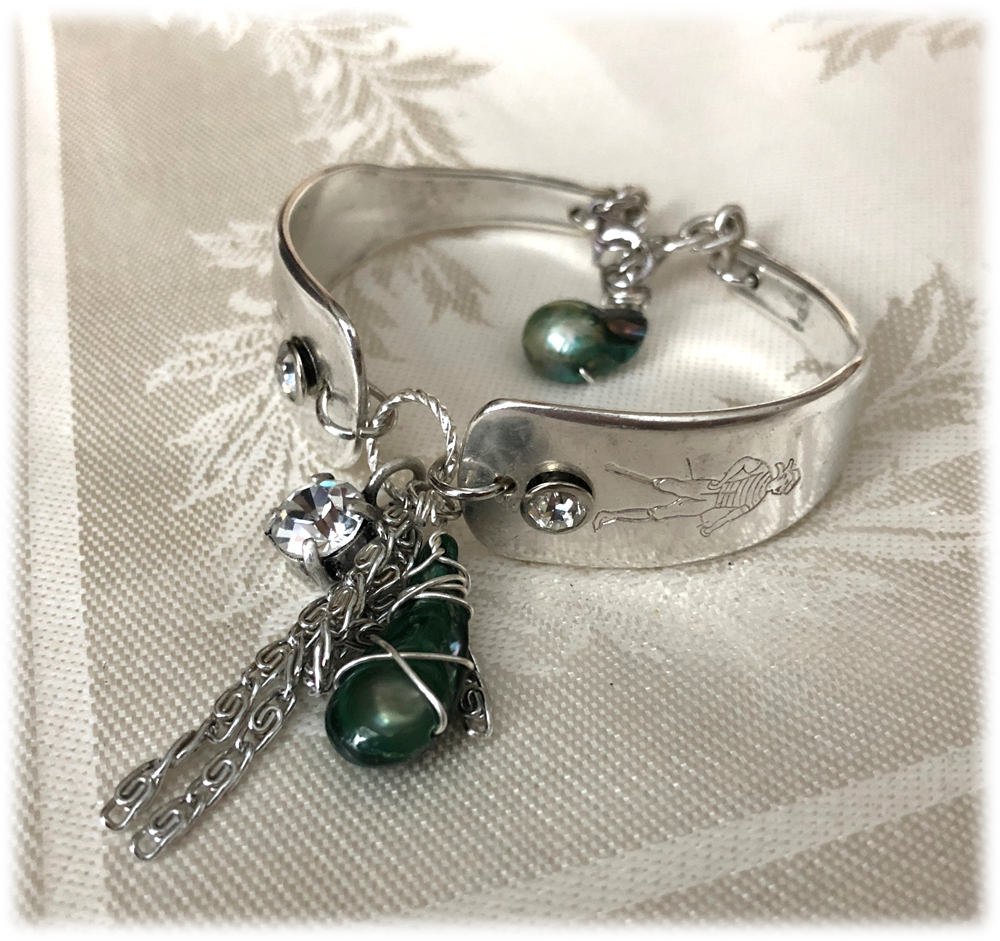 Spoon Bracelet, Silverplate Flatware Bracelet, Unusual Pirate Motif, Rhinestone, Iridescent Green Shell