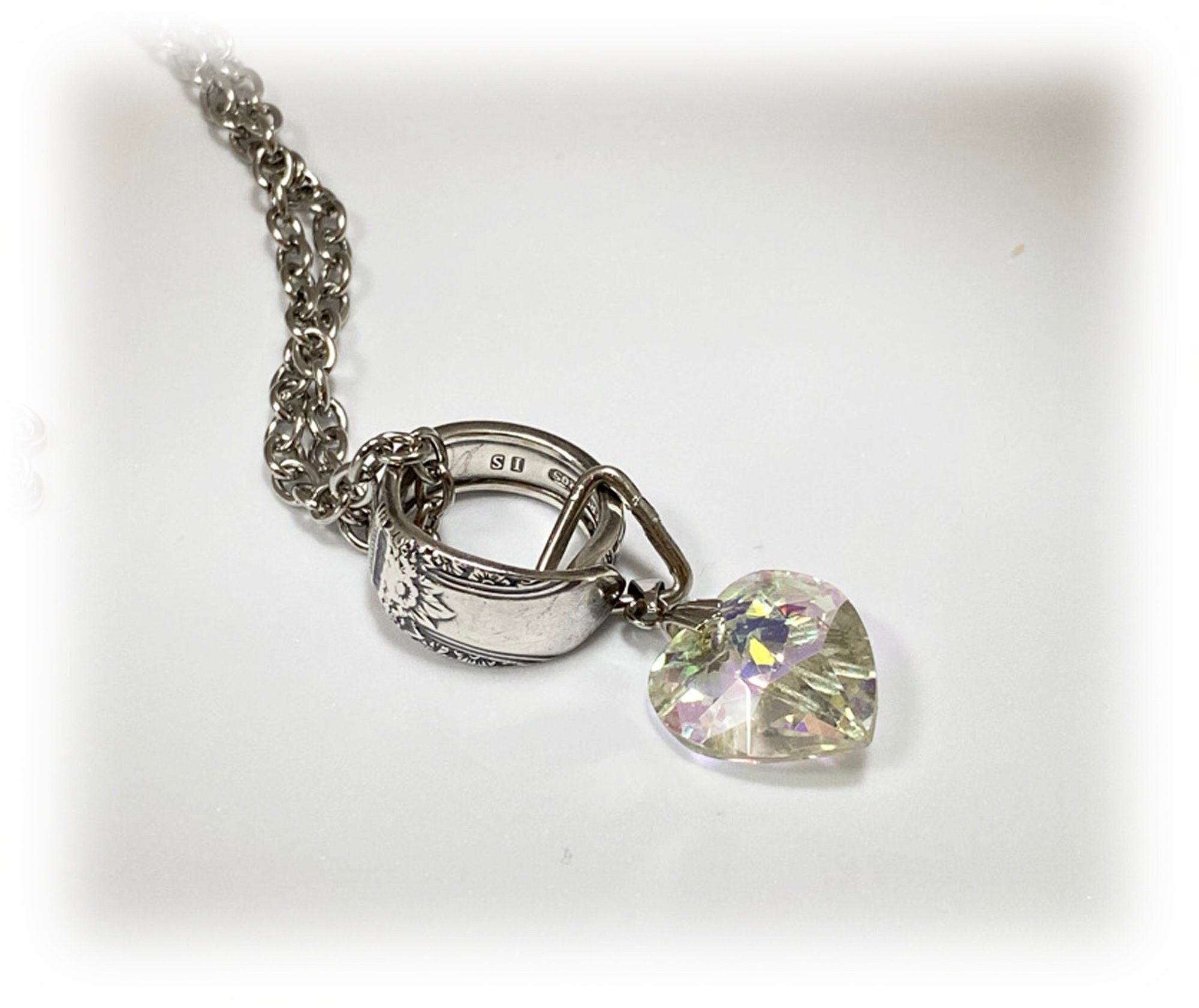 Spoon Pendant: Upcycled Silverplate, Rainbow Crystal Heart, 'First Love' Pattern