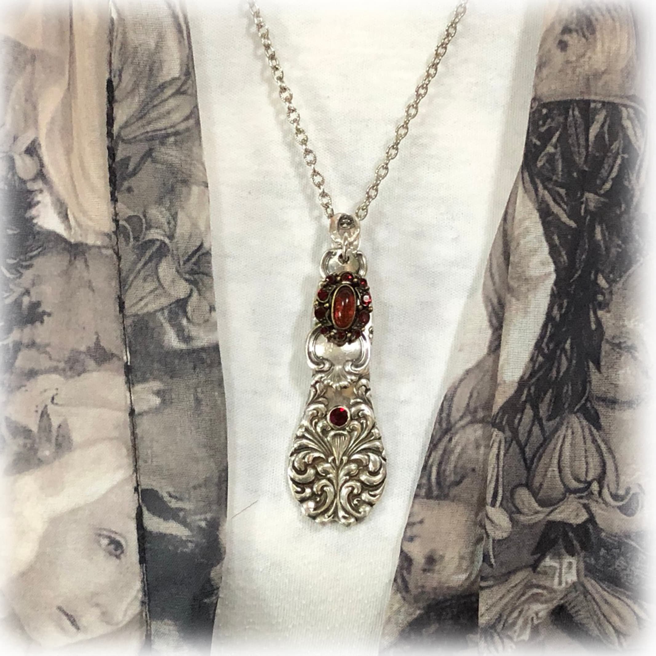 Antique Silver Spoon Statement Necklace, Red Garnet Double Pendant, 1900s Victorian Flatware, Lenora, Troy