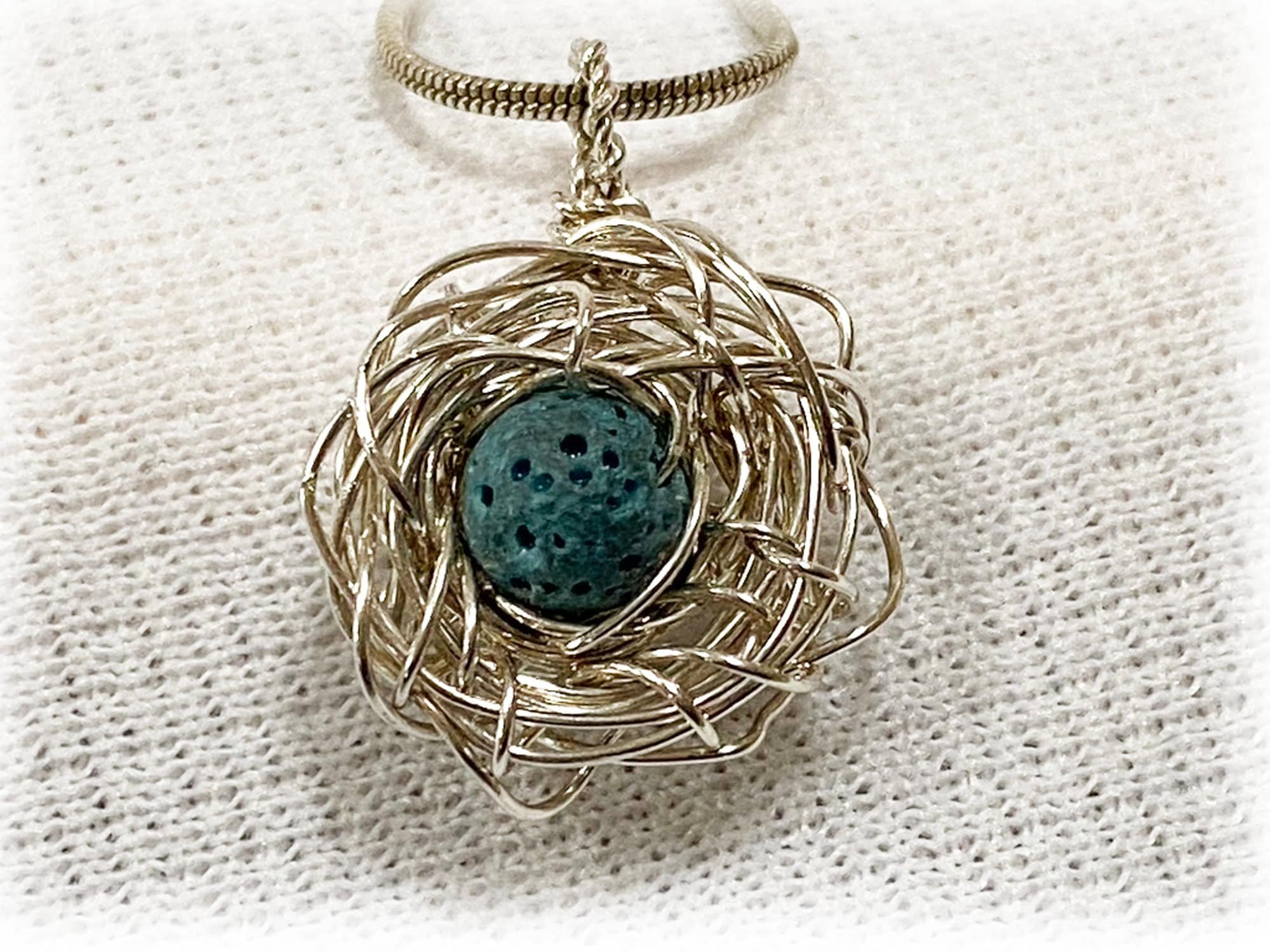 Silver Bird Nest Aromatherapy Diffuser Necklace, Lava Bead Pendant