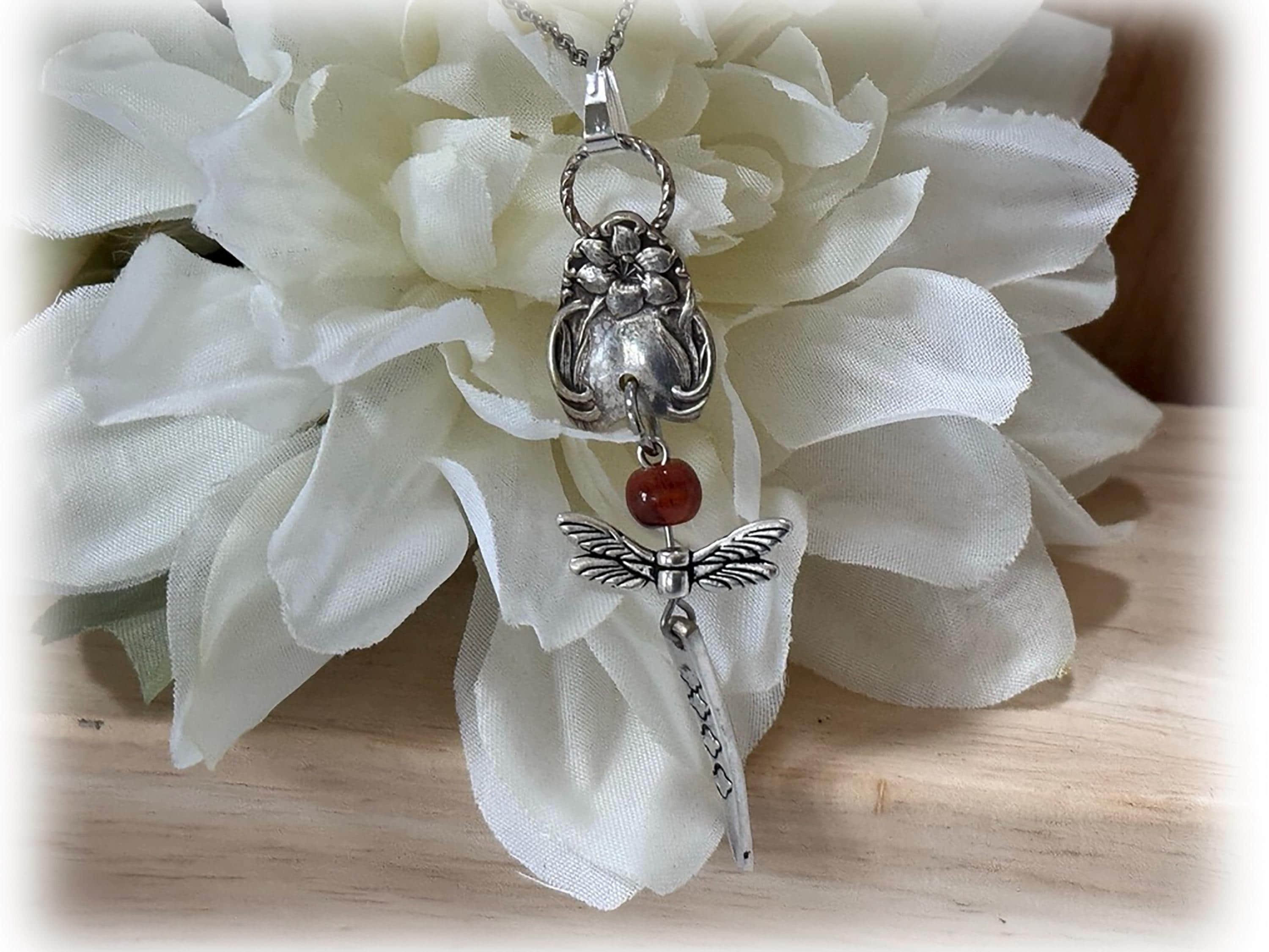 Art Nouveau Silverplate Dragonfly Pendant, Upcycled Spoon Jewelry
