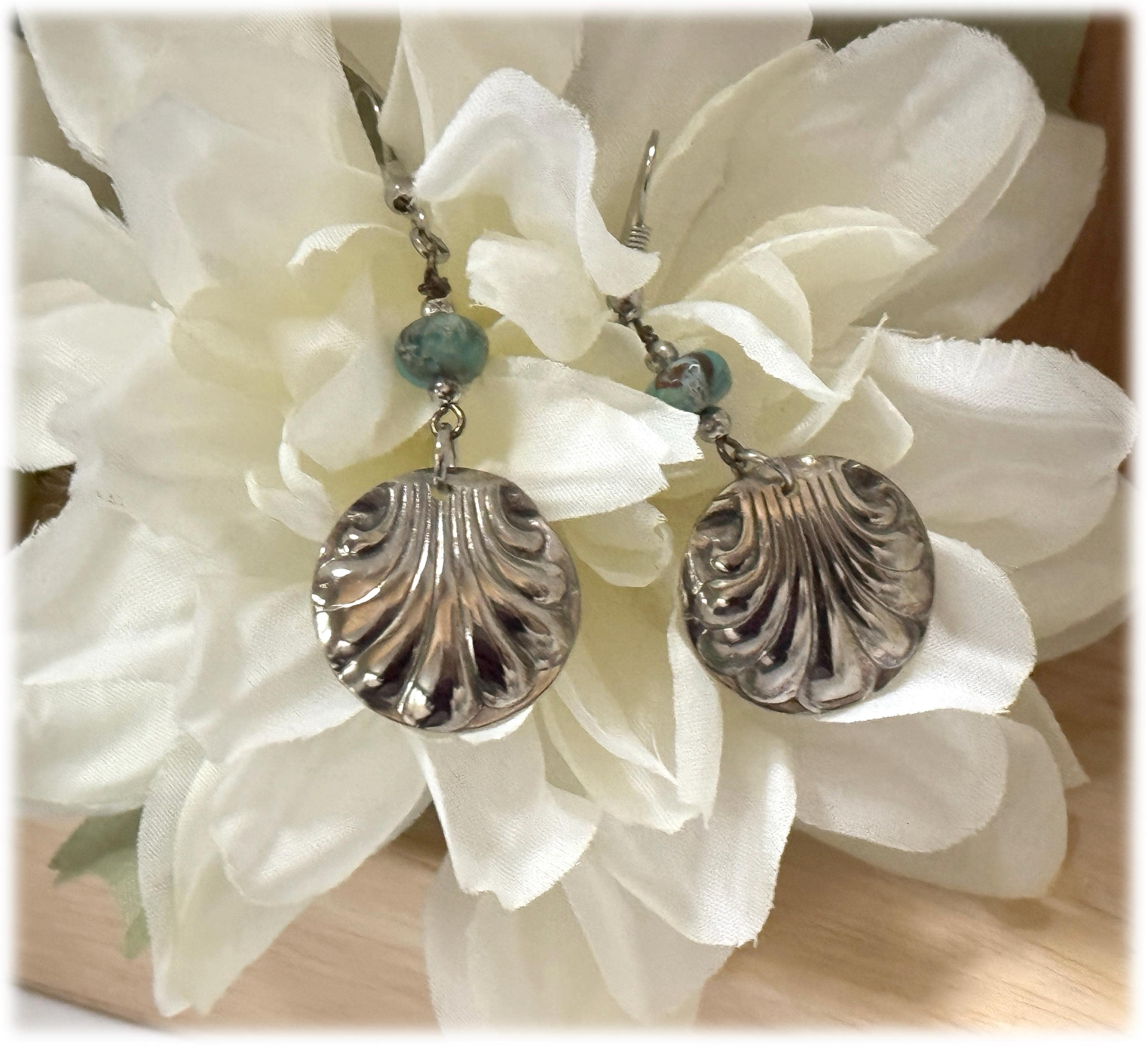 Upcycled Tray Earrings, Domed Shell Disks, Turquoise Jasper Beads