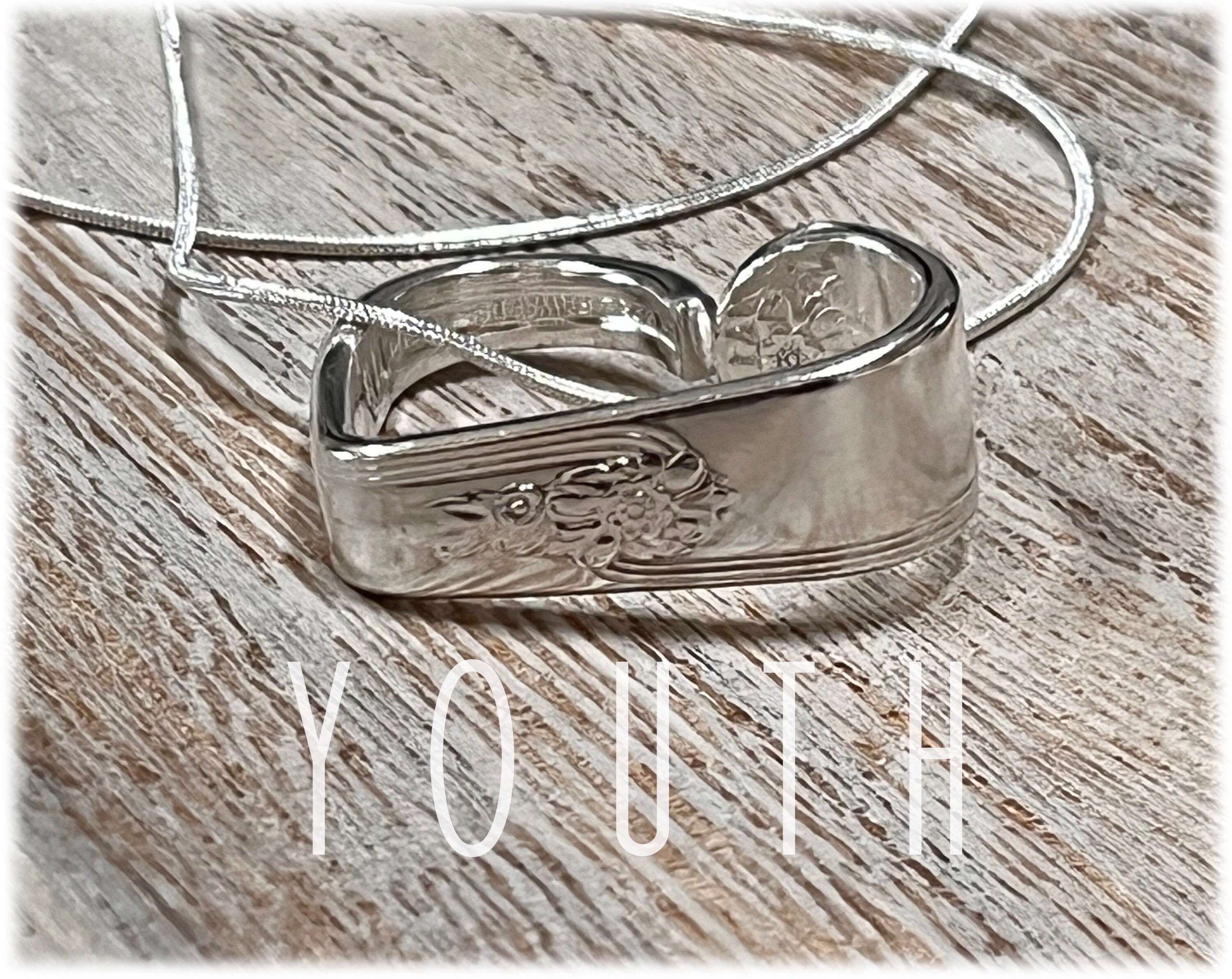 Vintage Silver Spoon Heart Pendant, 1940 Youth Pattern, Serpent Chain