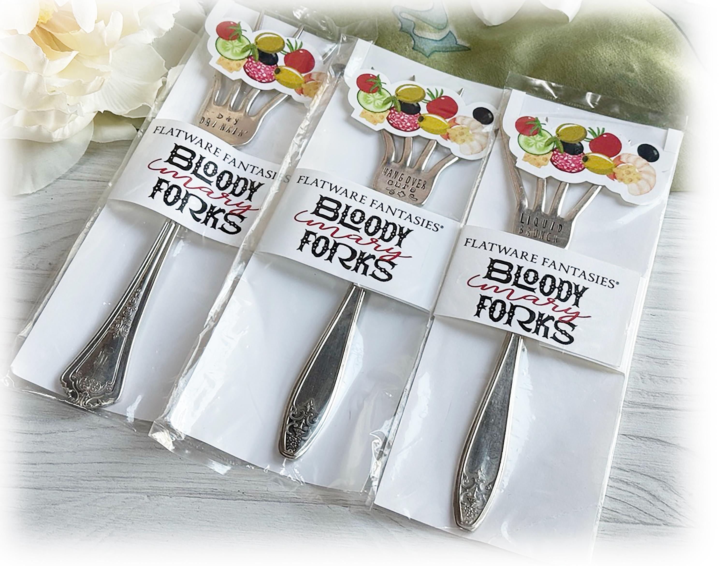 Hand Stamped Bloody Mary Forks: Choose Sayings, 6 Varieties, Sunday Funday Garnish Holders