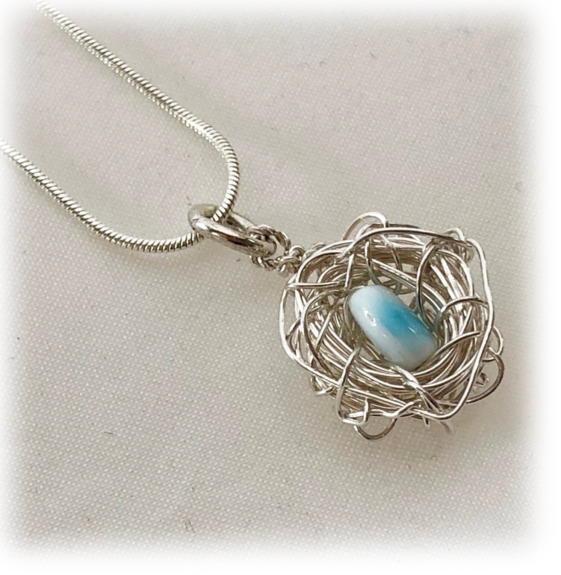 Silver Bird Nest Pendant, Blue & White Bead Egg, Mom-to-Be Gift