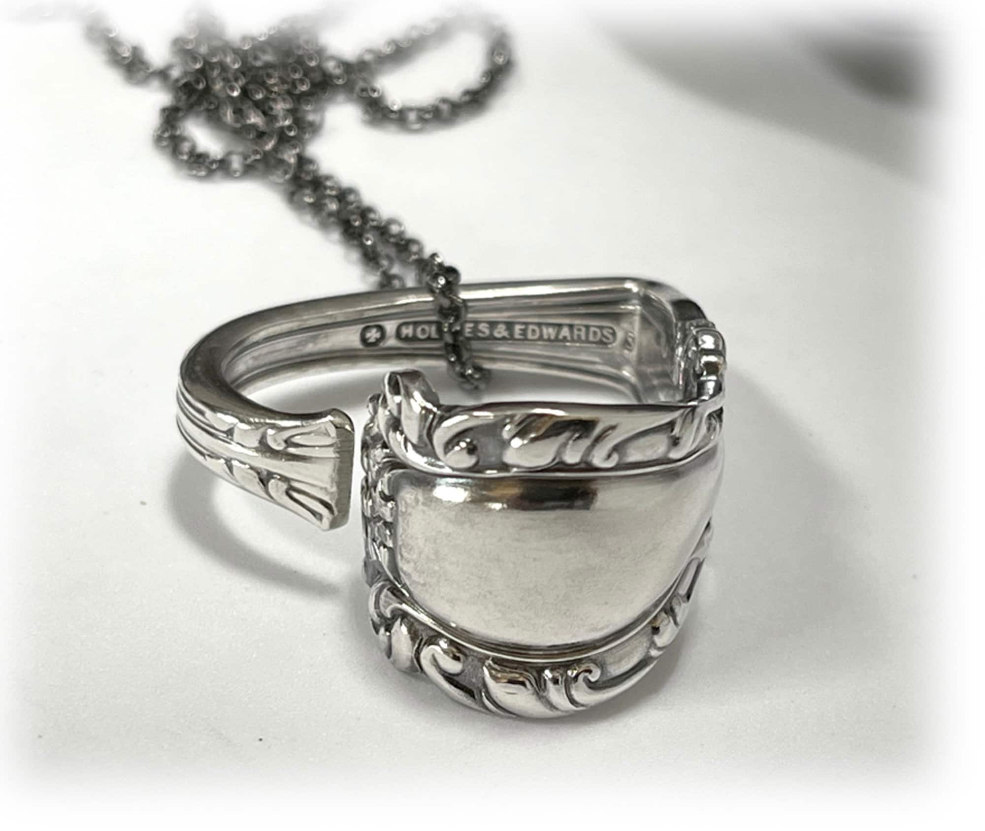 Antique Silver Spoon Heart Pendant, Fleur de Lis, Gunmetal Chain