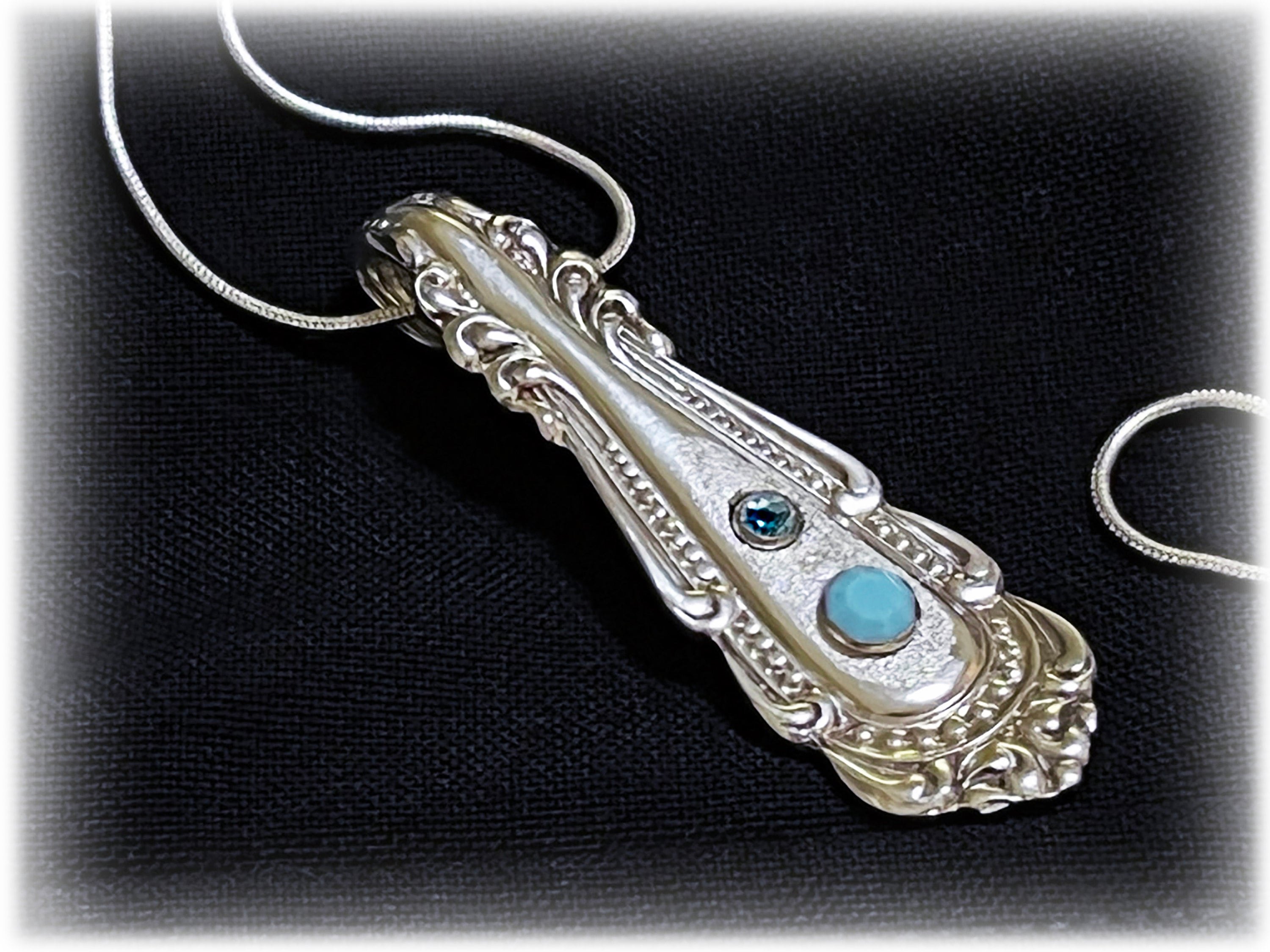 Antique Silver Plate Pendant, Turquoise Aquamarine Stones, Upcycled Spoon