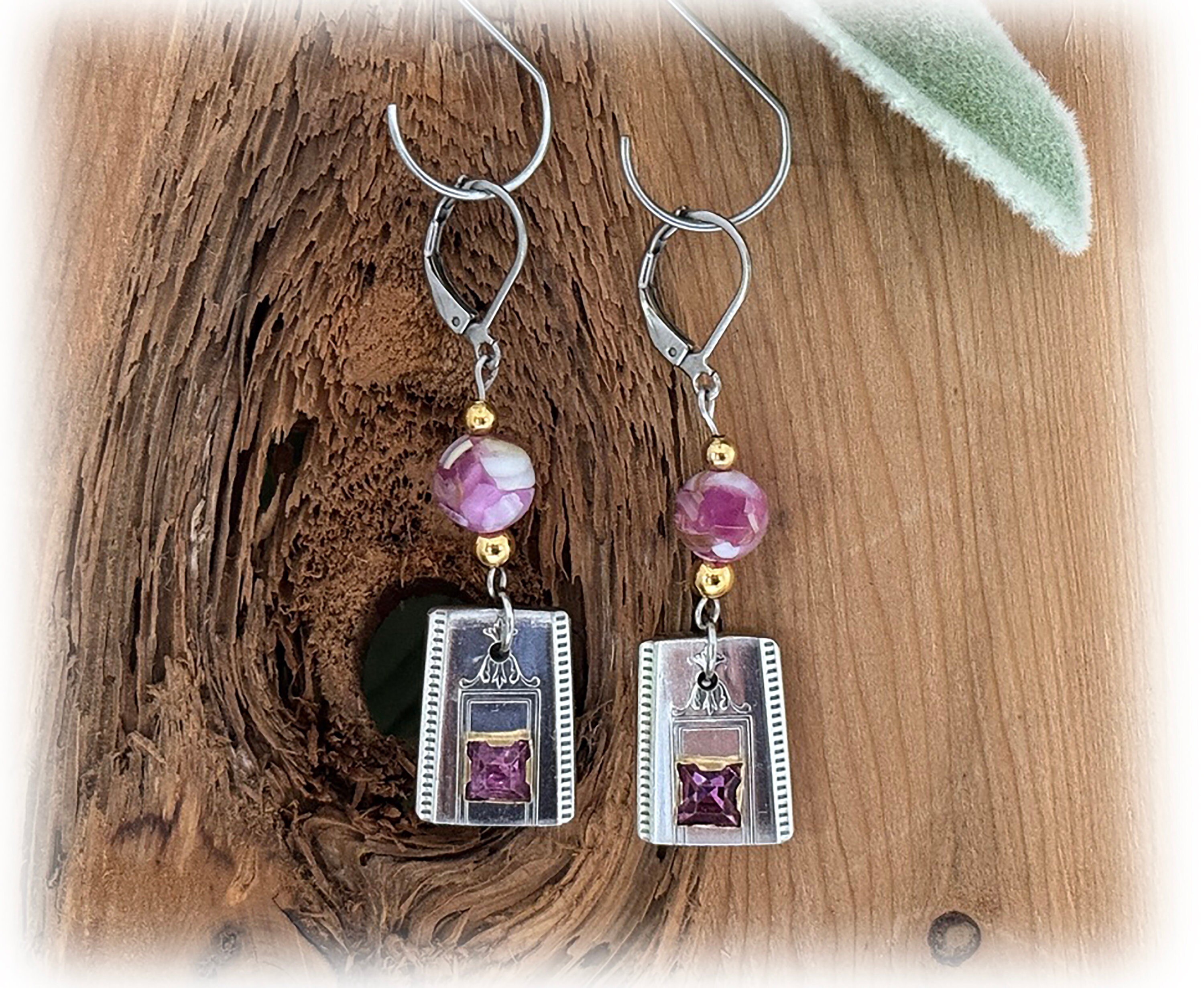 Upcycled Grosvenor Silverware Earrings, Rose Pink Crystal, Pink Agate