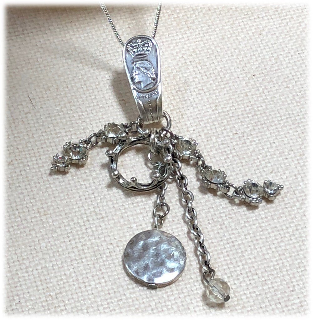 Queen Elizabeth Coronation Spoon Pendant Necklace, Rhinestone Crown, Upcycled Silverware