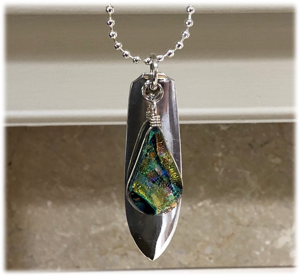Vintage Modernist Knife Blade Pendant, Art Glass Teardrop Necklace