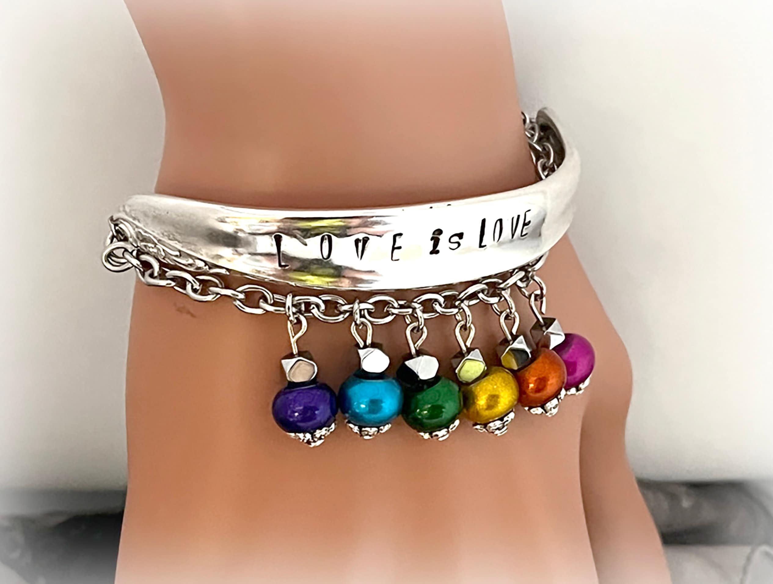 Pride Spoon Bracelet, Love is Love, Rainbow Enameled Beads, Adjustable