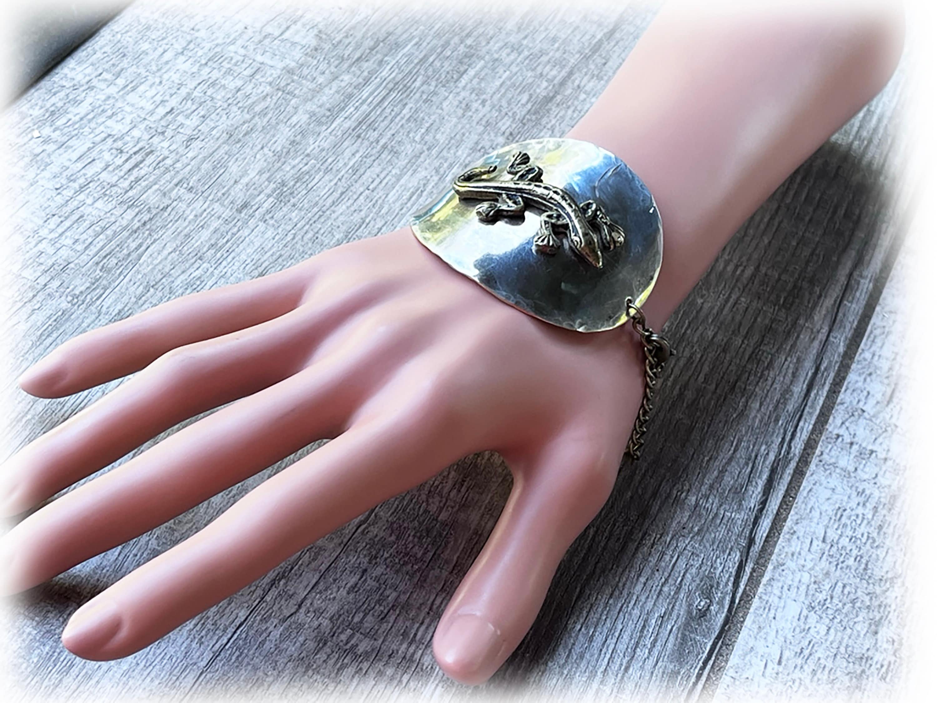 Rustic Spoon Cuff Bracelet, Brass Lizard, Silverplate, Upcycled Silverware, Orphaned Jewelry, Unique