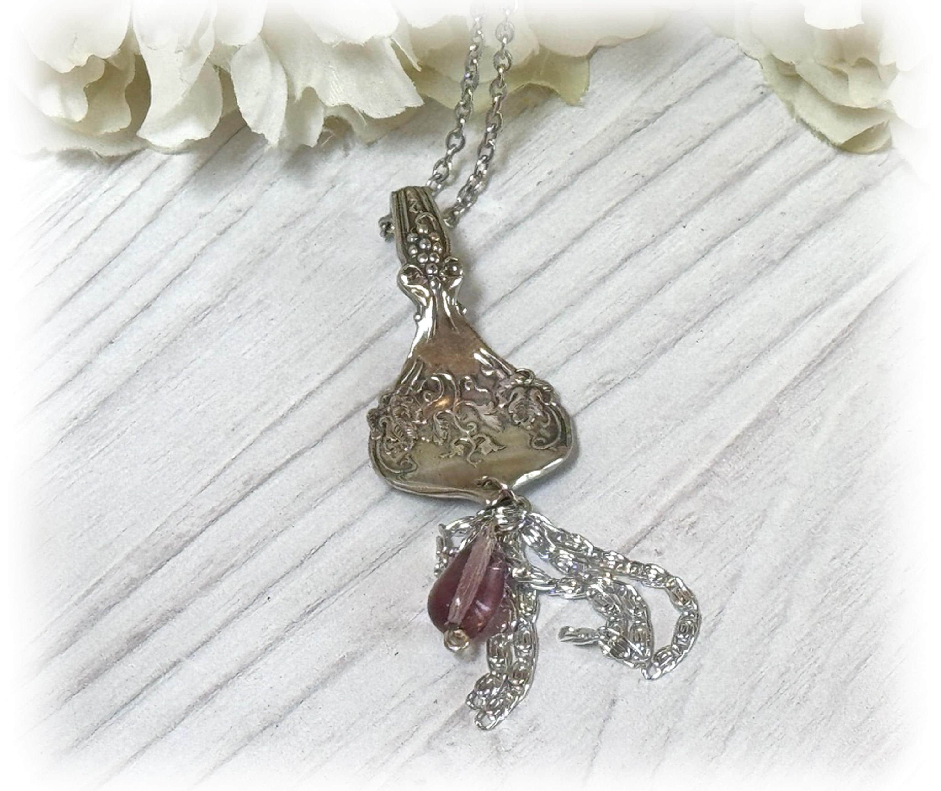 Upcycled Silverplate Pendant, 1904 Grape Pattern, Purple Glass Bead