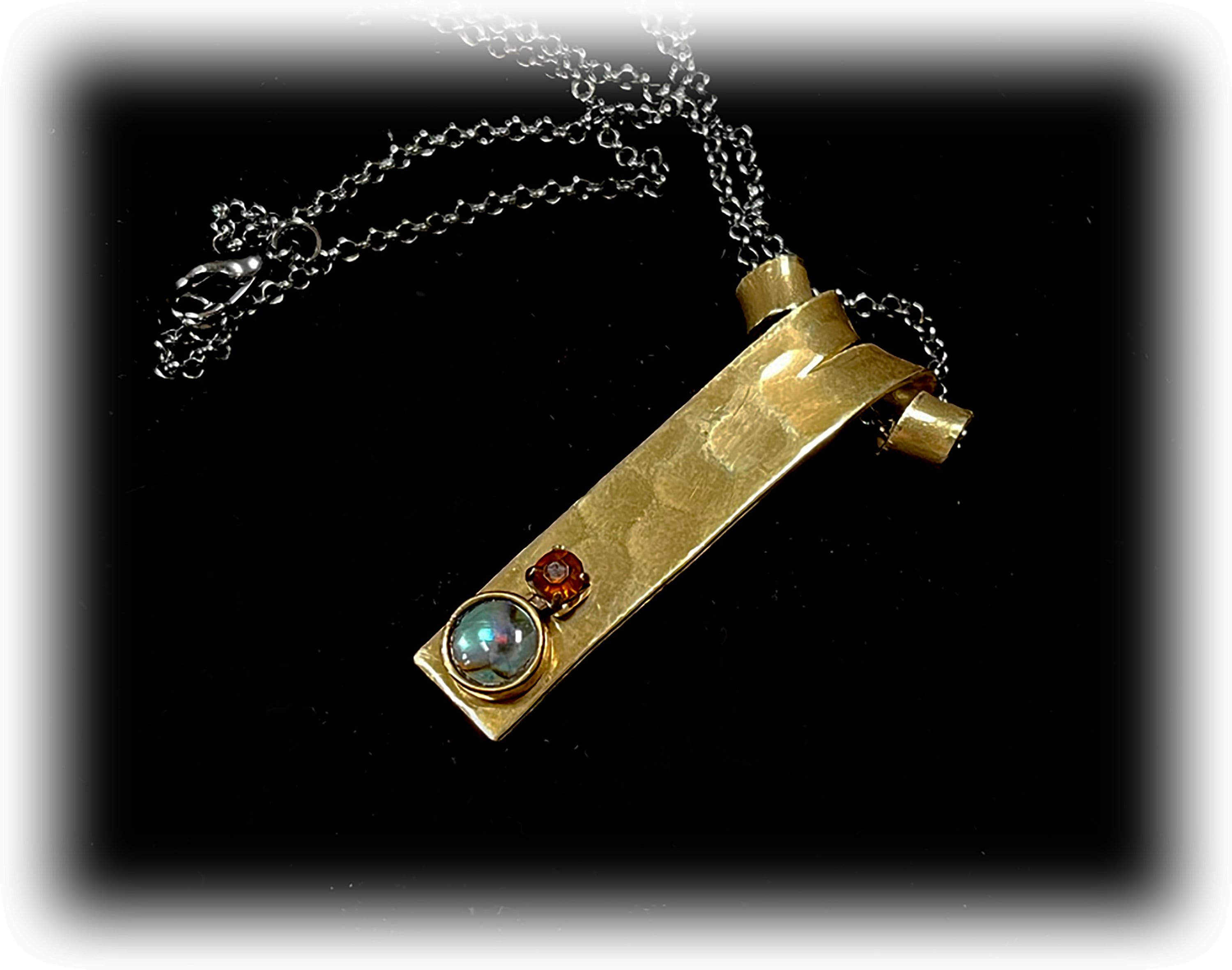 Hammered Brass Pendant, Curled Bail, Abalone Stone, Abstract, Rustic, Minimalist Jewelry, Recycled, Unique