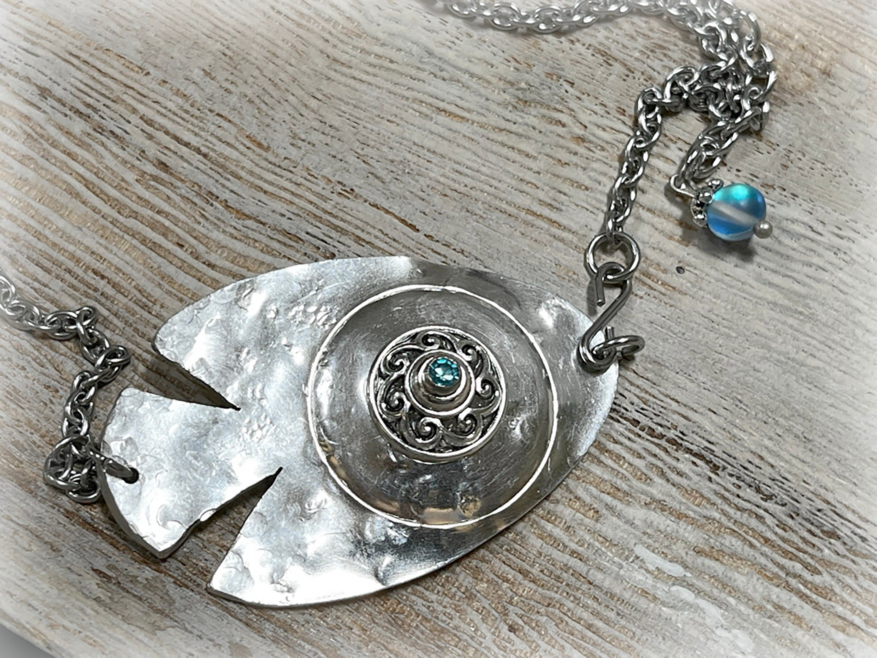 Hand Hammered Spoon Fish Pendant: Blue Crystal Eye Jewelry