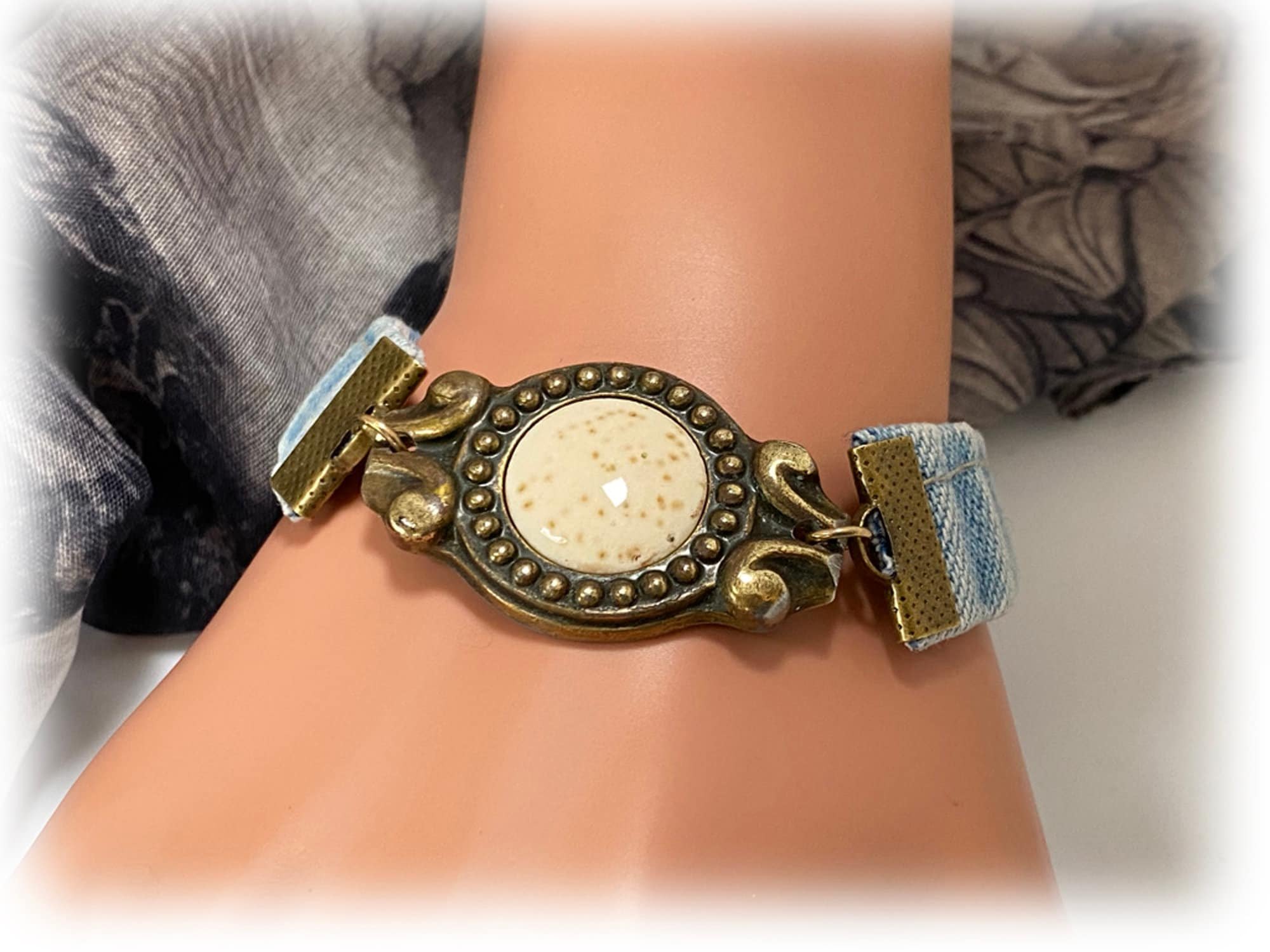 Upcycled Brass Drawer Pull and Denim Bracelet, Freckled Porcelain, Assemblage, Boho, Shabby