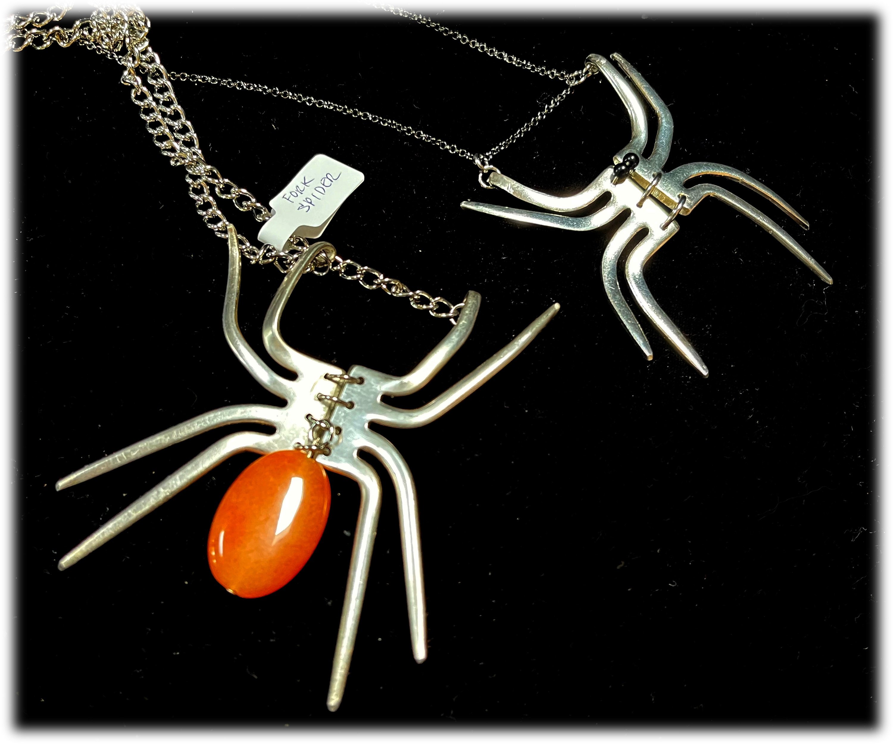 Creepy Crawly Fork Spiders, Halloween Jewelry Pendant, Spider Necklace, Upcycled Flatware Forks
