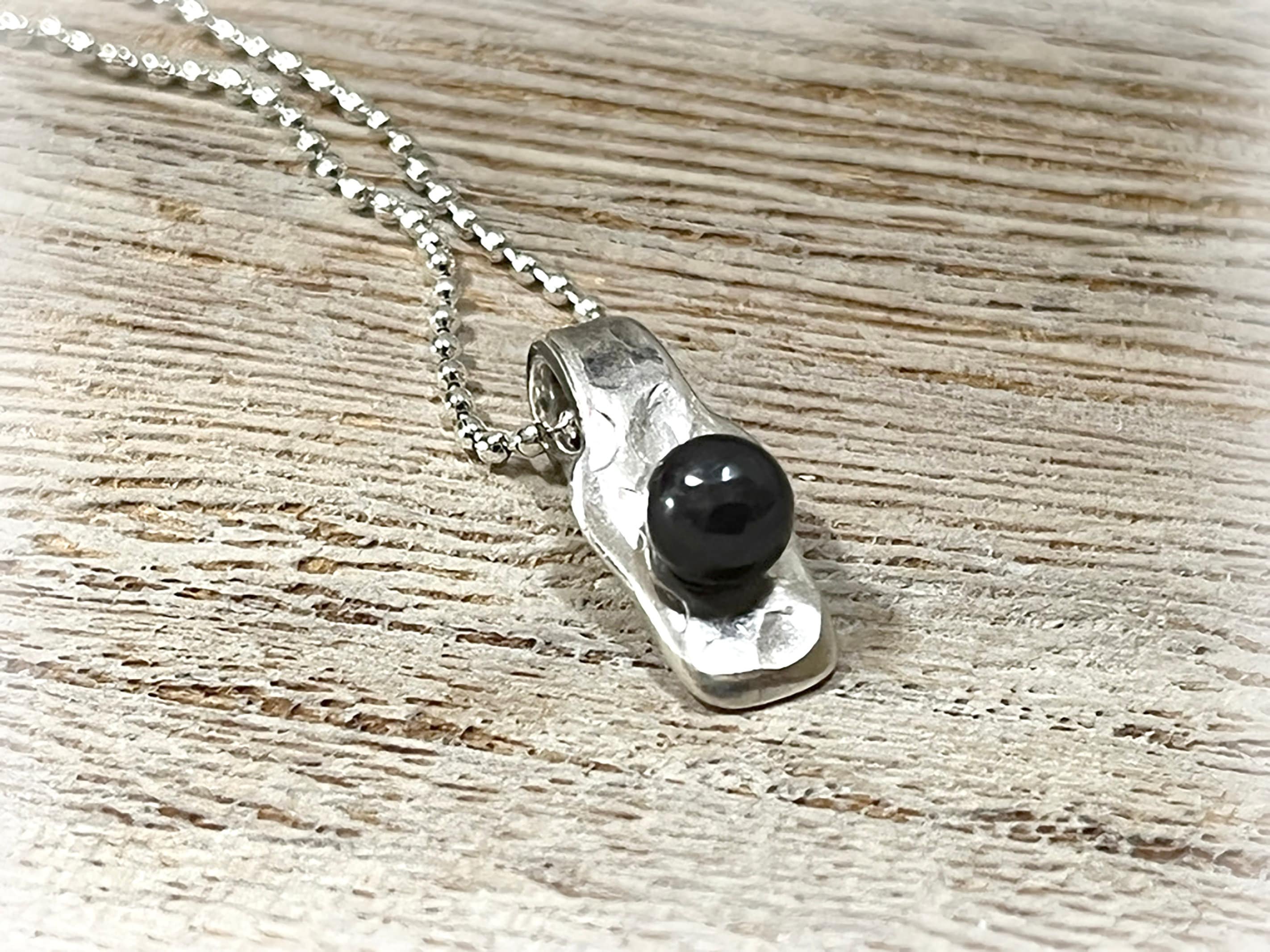 Hammered Sterling Silver Spoon Pendant: Faux Pearl Necklace