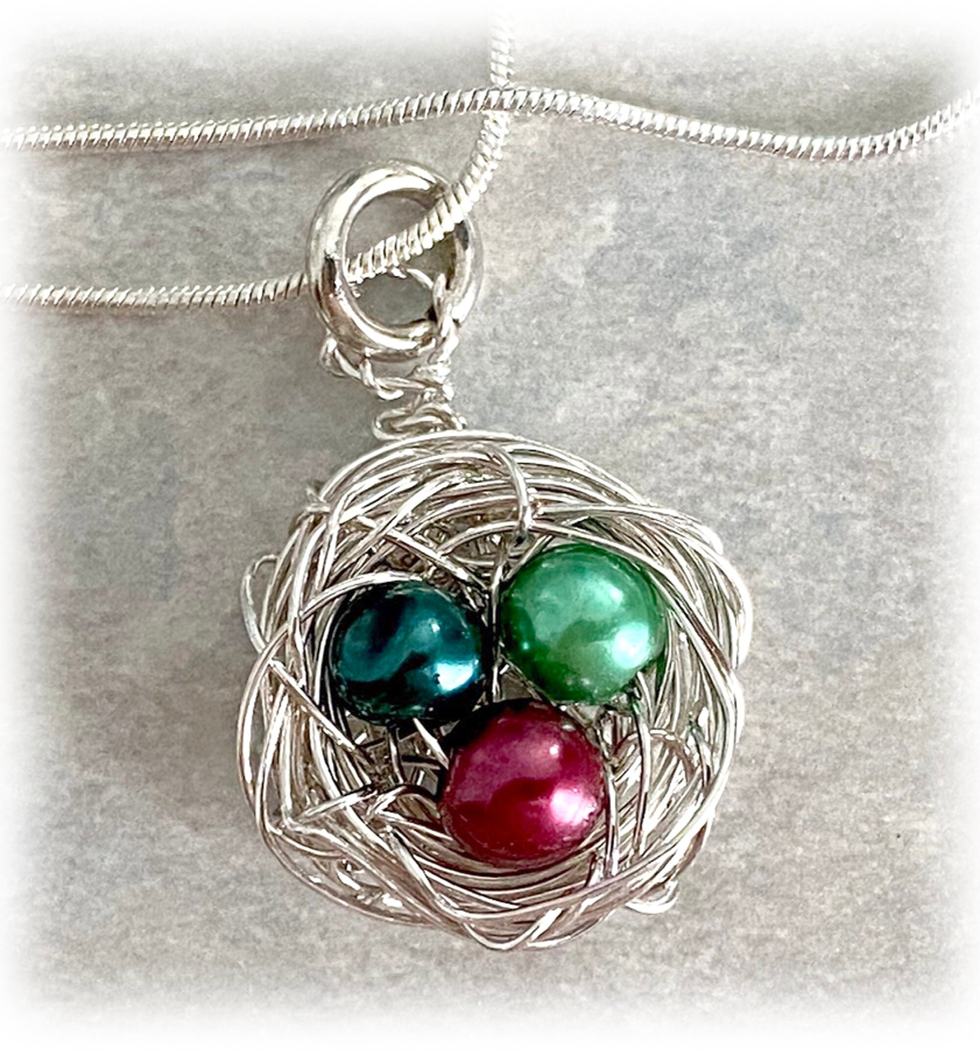 Sterling Silver Bird Nest Necklace: Birthstone Pearl Eggs, Mom Gift