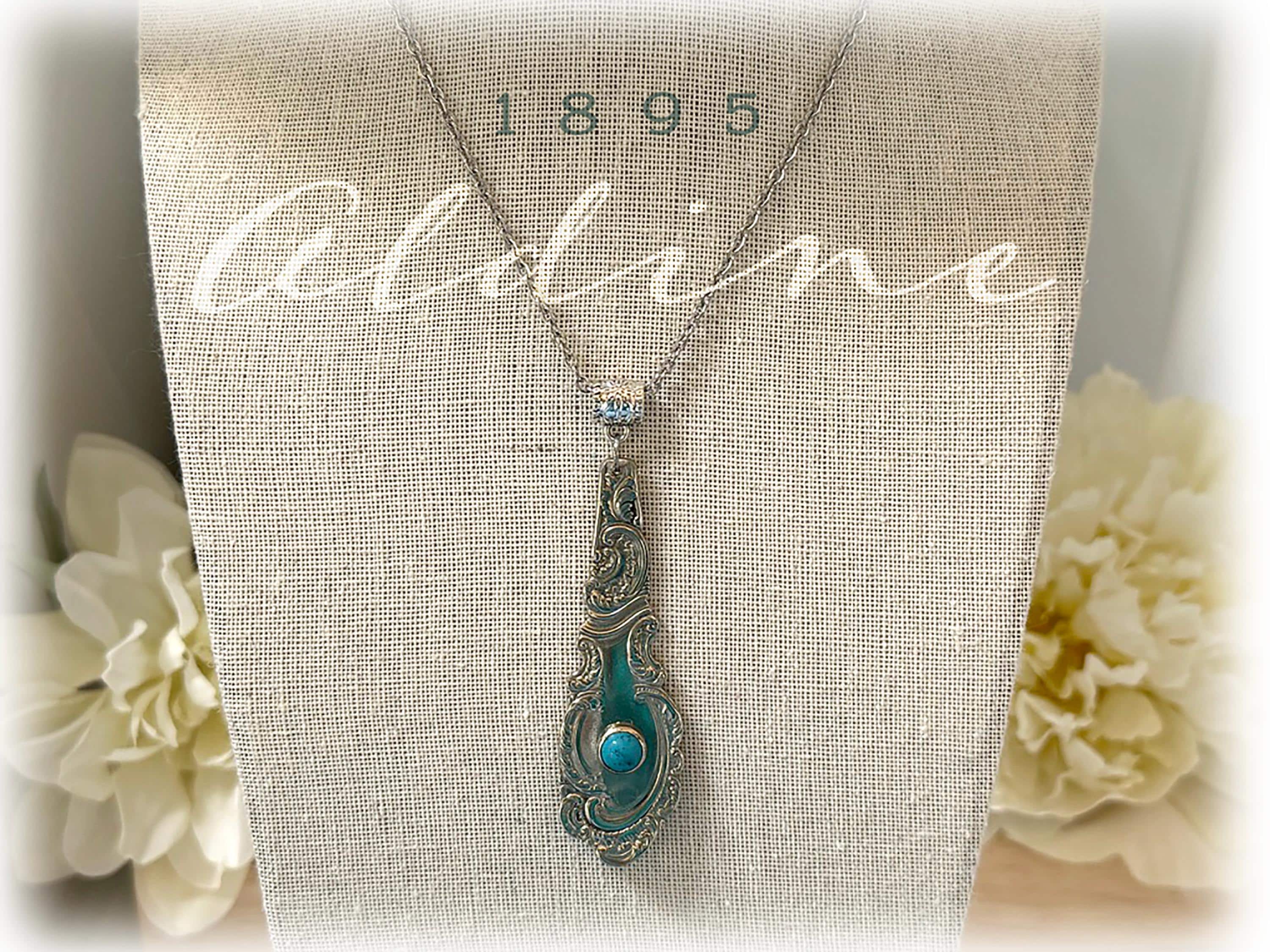 Antique Art Nouveau Silver Plate Pendant, Faux Turquoise, 1895 Spoon