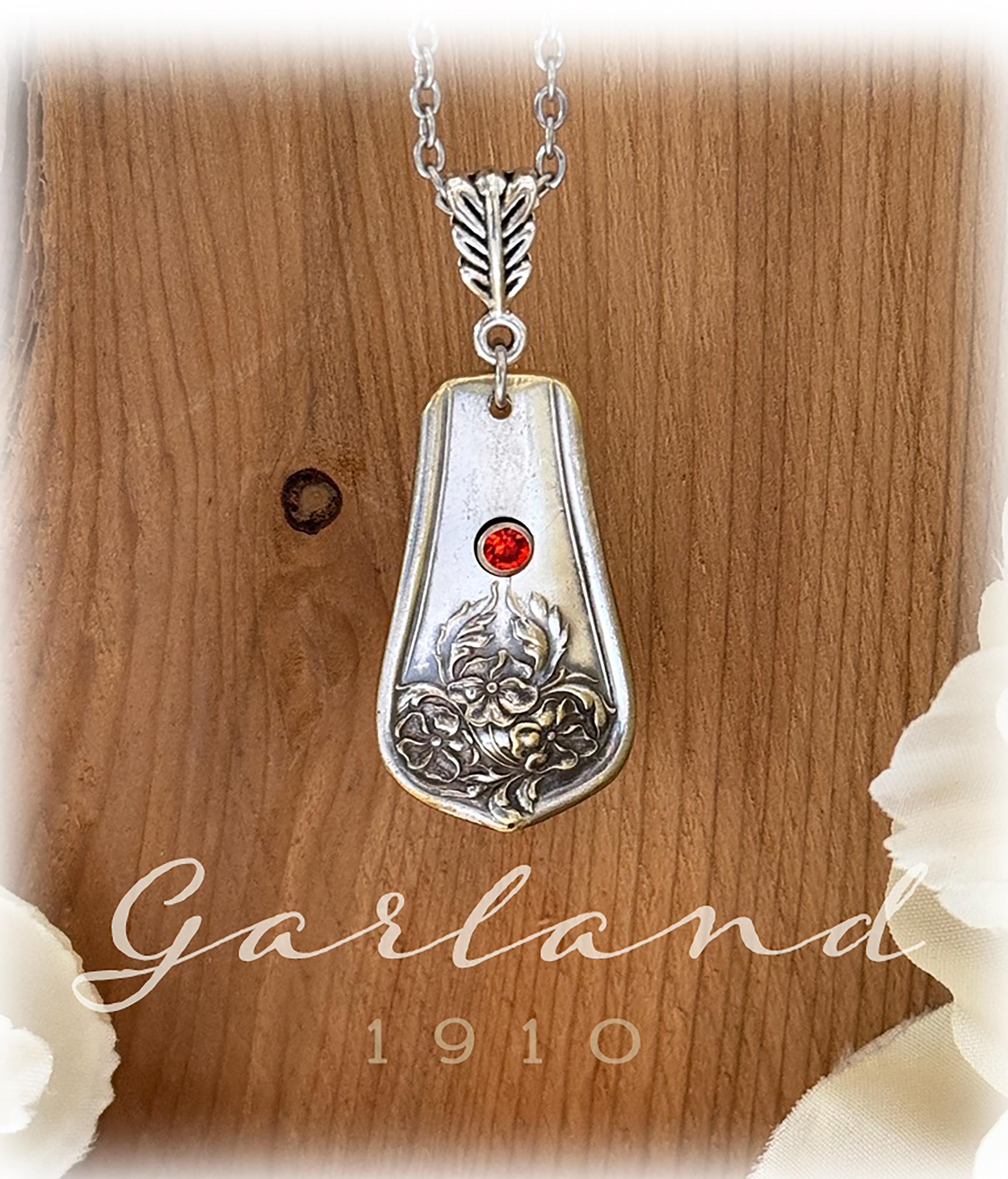 Art Nouveau Silverplate Spoon Pendant, 1910 Garland, Red Crystal