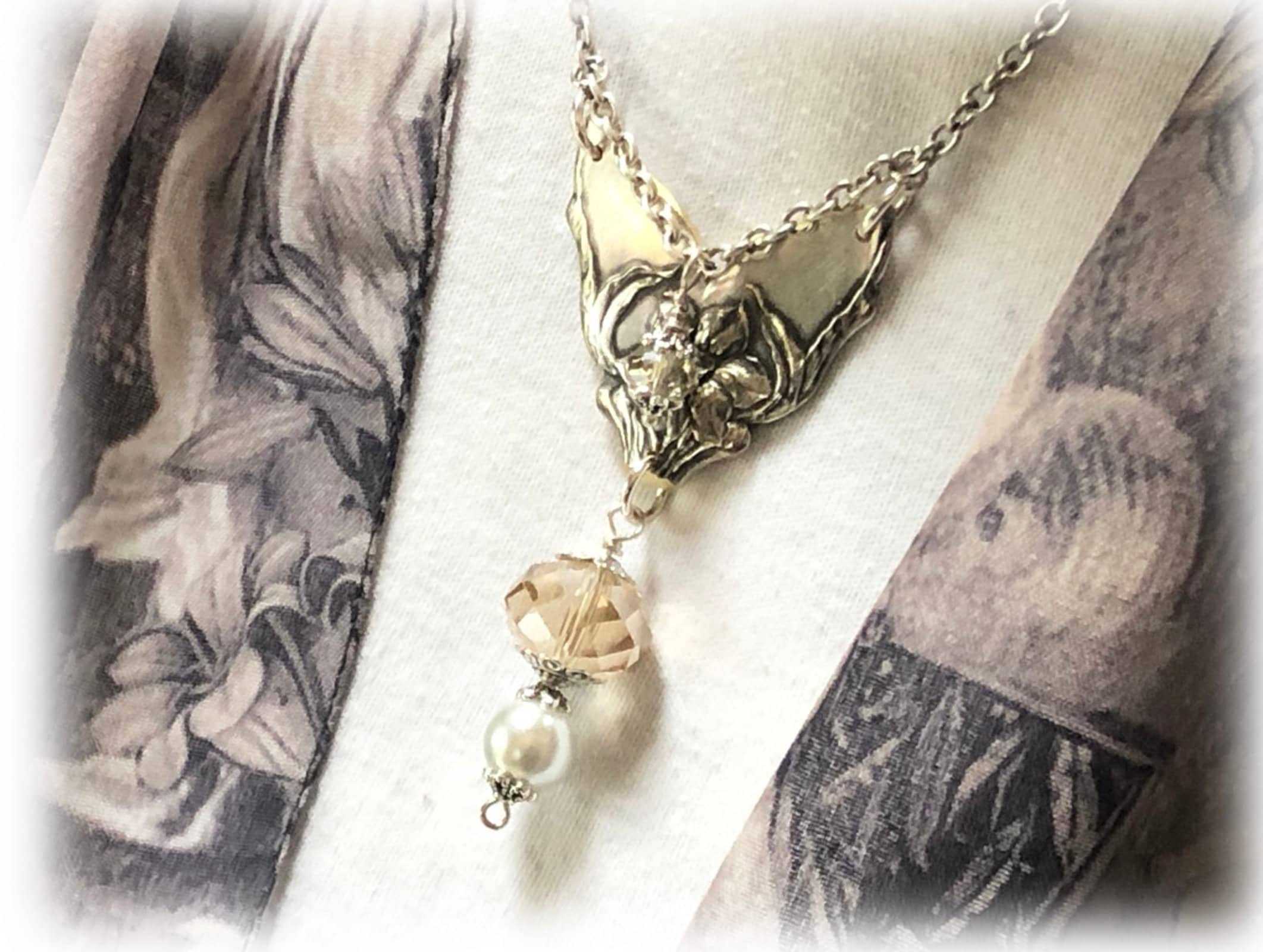 Narcissus Silverplate Fork Pendant, Peach Pearl, Upcycled Victorian Jewelry