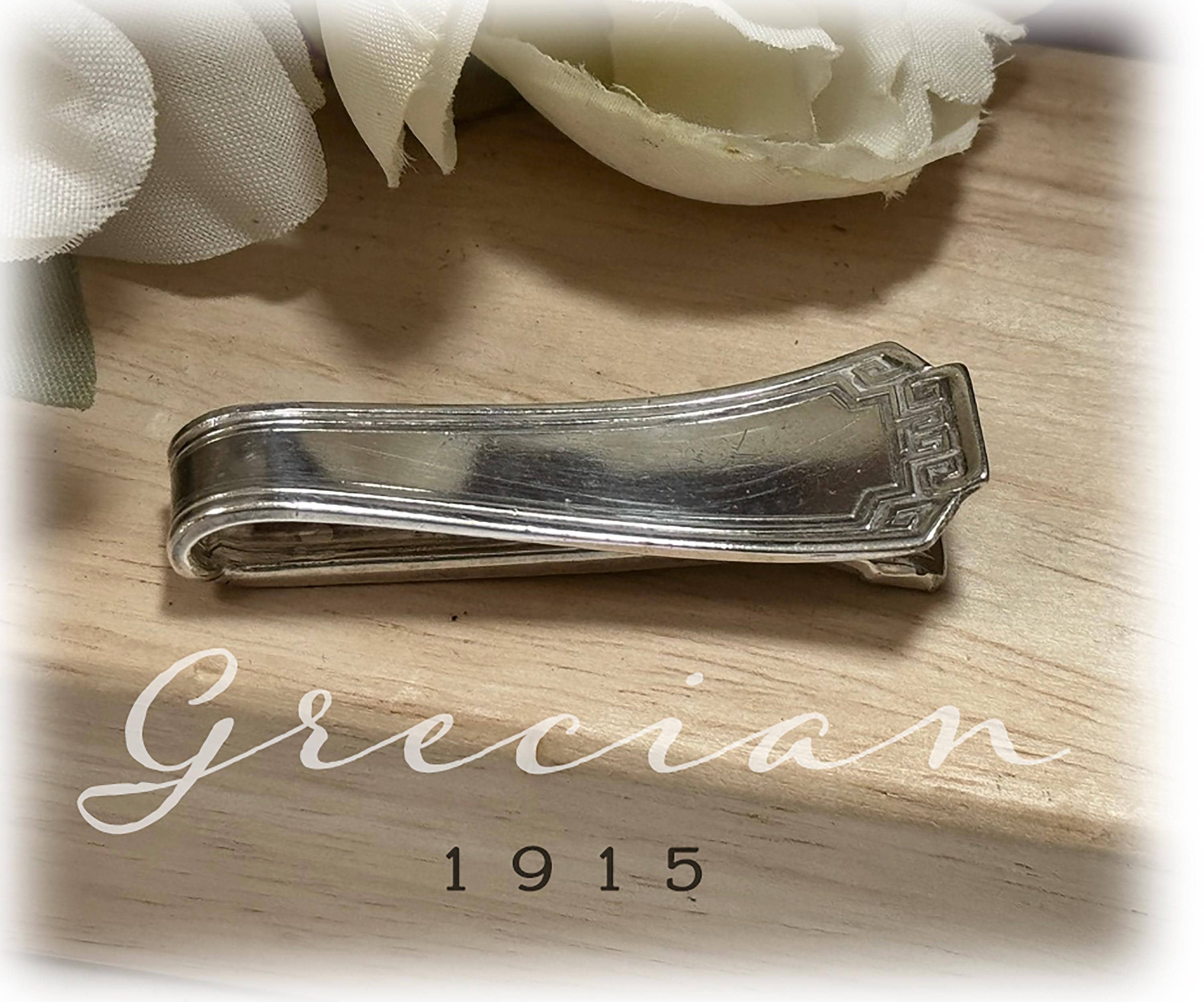 Grecian Art Deco Tie or Money Clip, Greek Key, Geometric, Upcycled Silverplate Spoon, 1930s