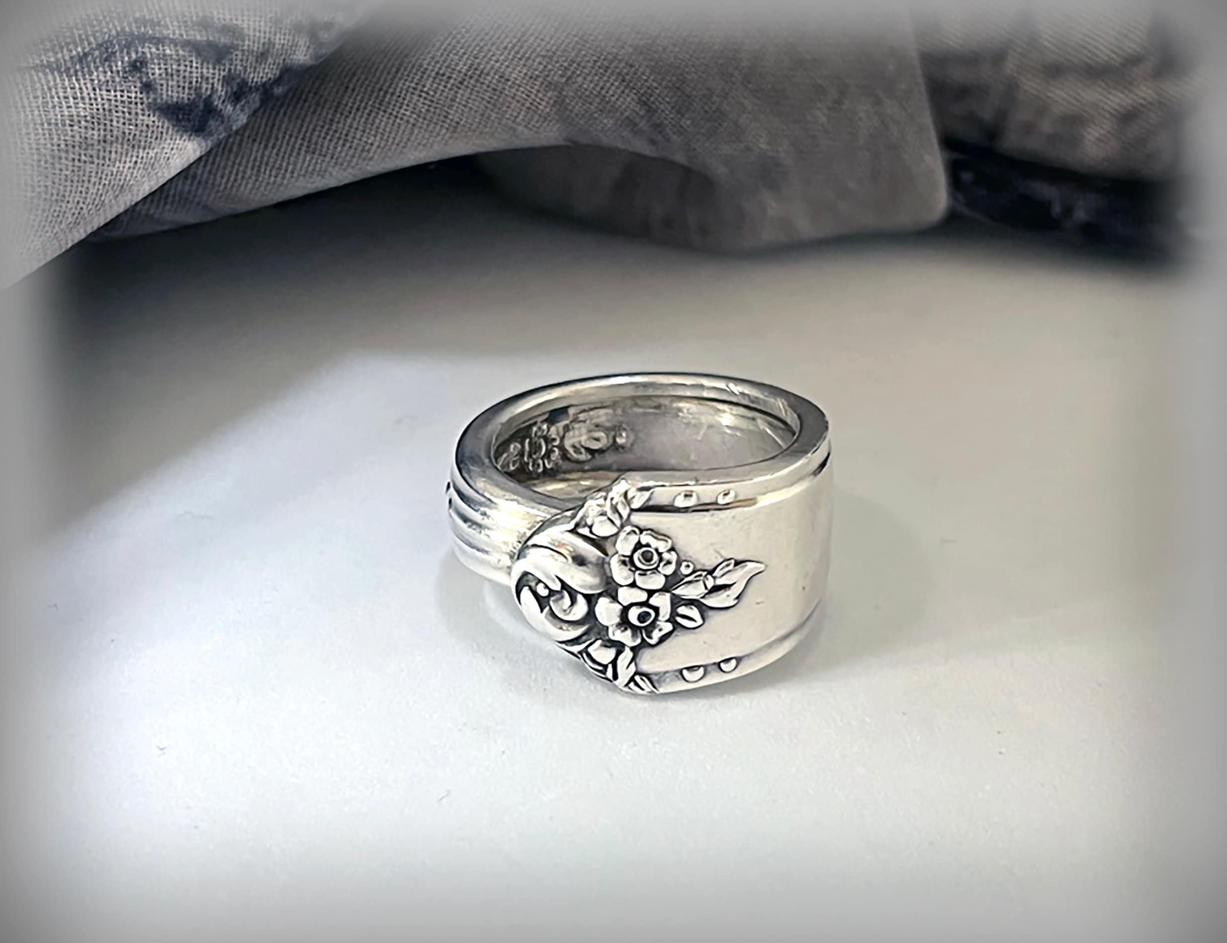 Upcycled Silverplate Spoon Ring, 1948 Sweet Briar Floral Band